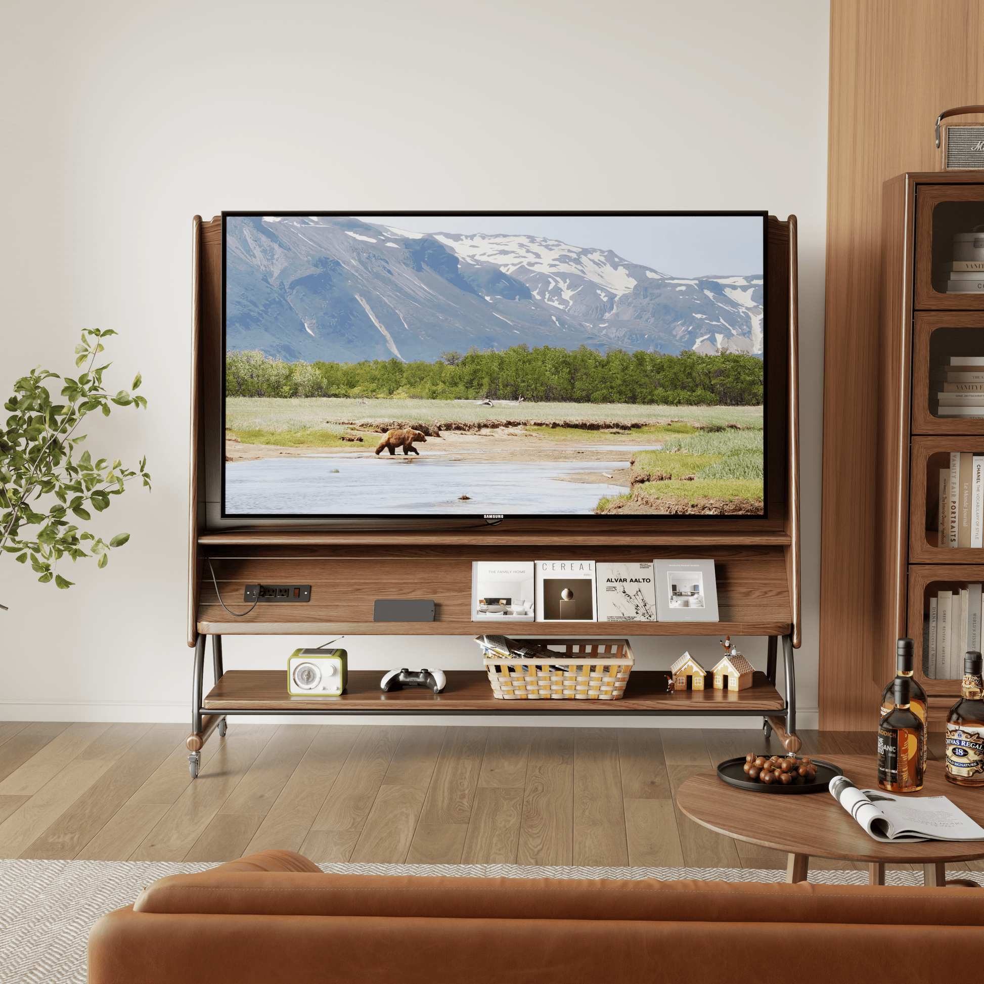 Rolling TV Stand for 40 - 65 Inch TV with Wheels | Wooden Mobile TV Cart - Kaslandi Furniture