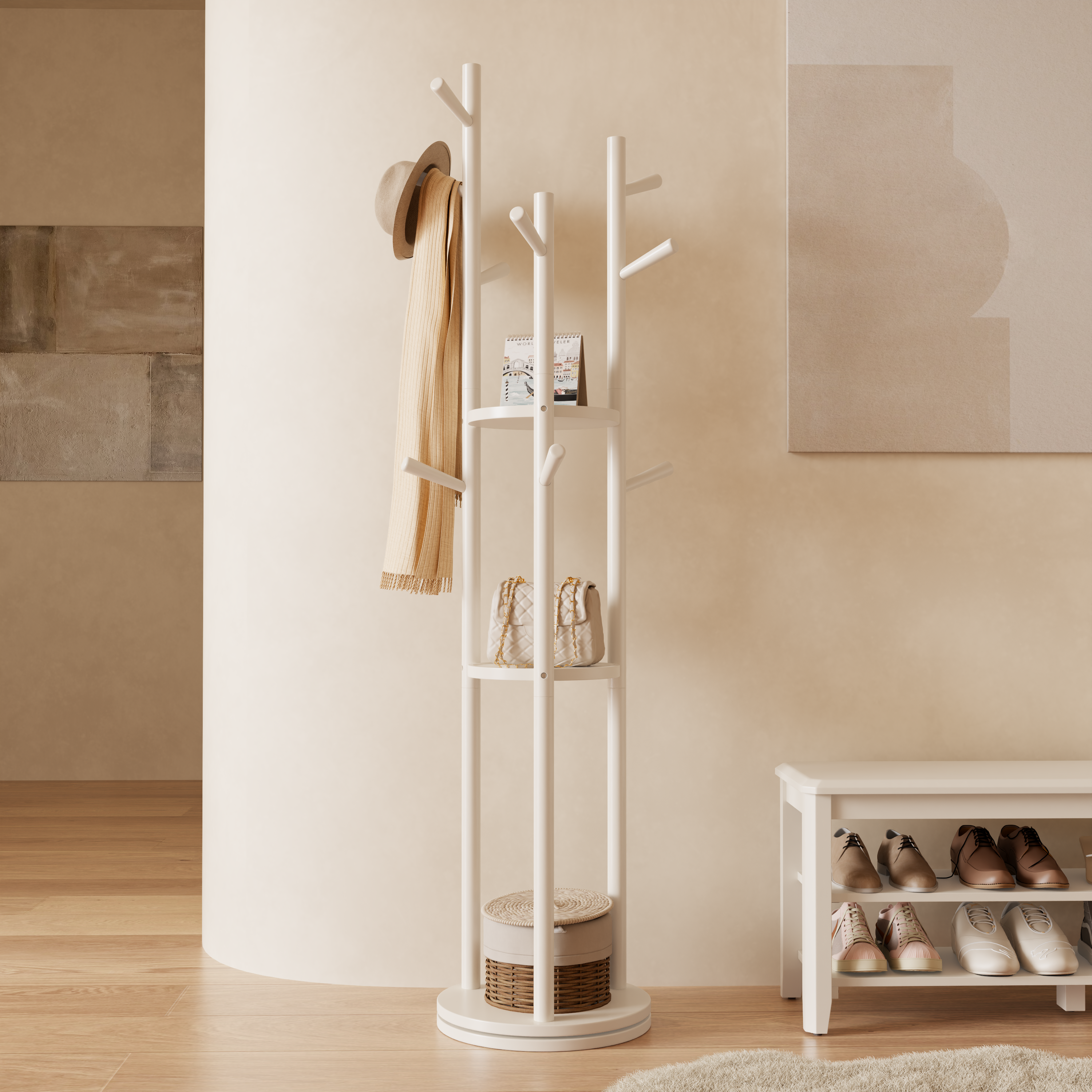 360° Rotating Solid Wood Coat Rack with Shelves