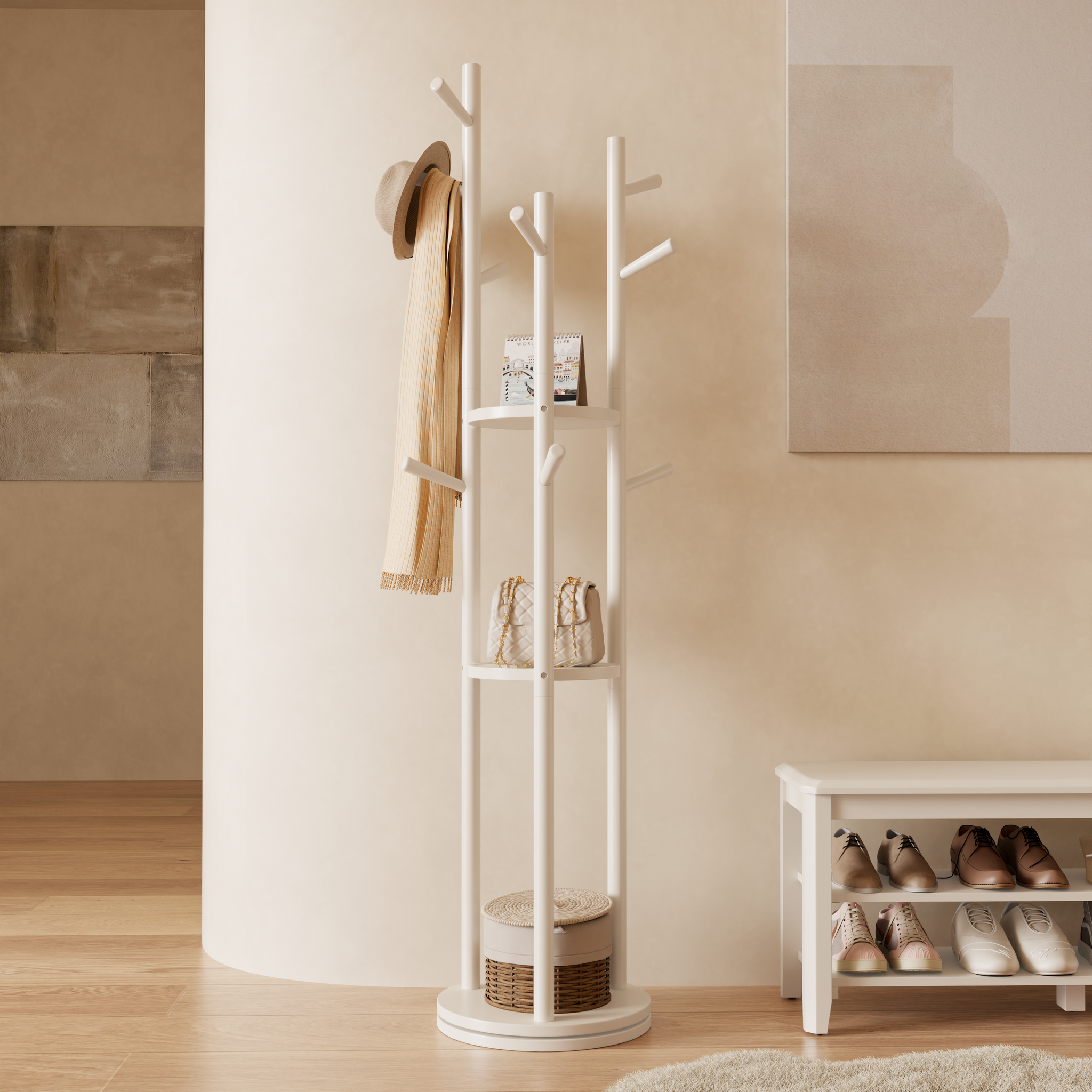 360° Rotating Solid Wood Coat Rack with Shelves