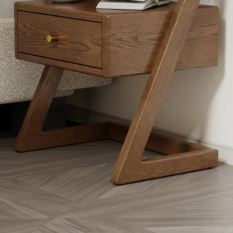 Solid Wood Z-Leg Nightstand with Drawer & Open Shelf