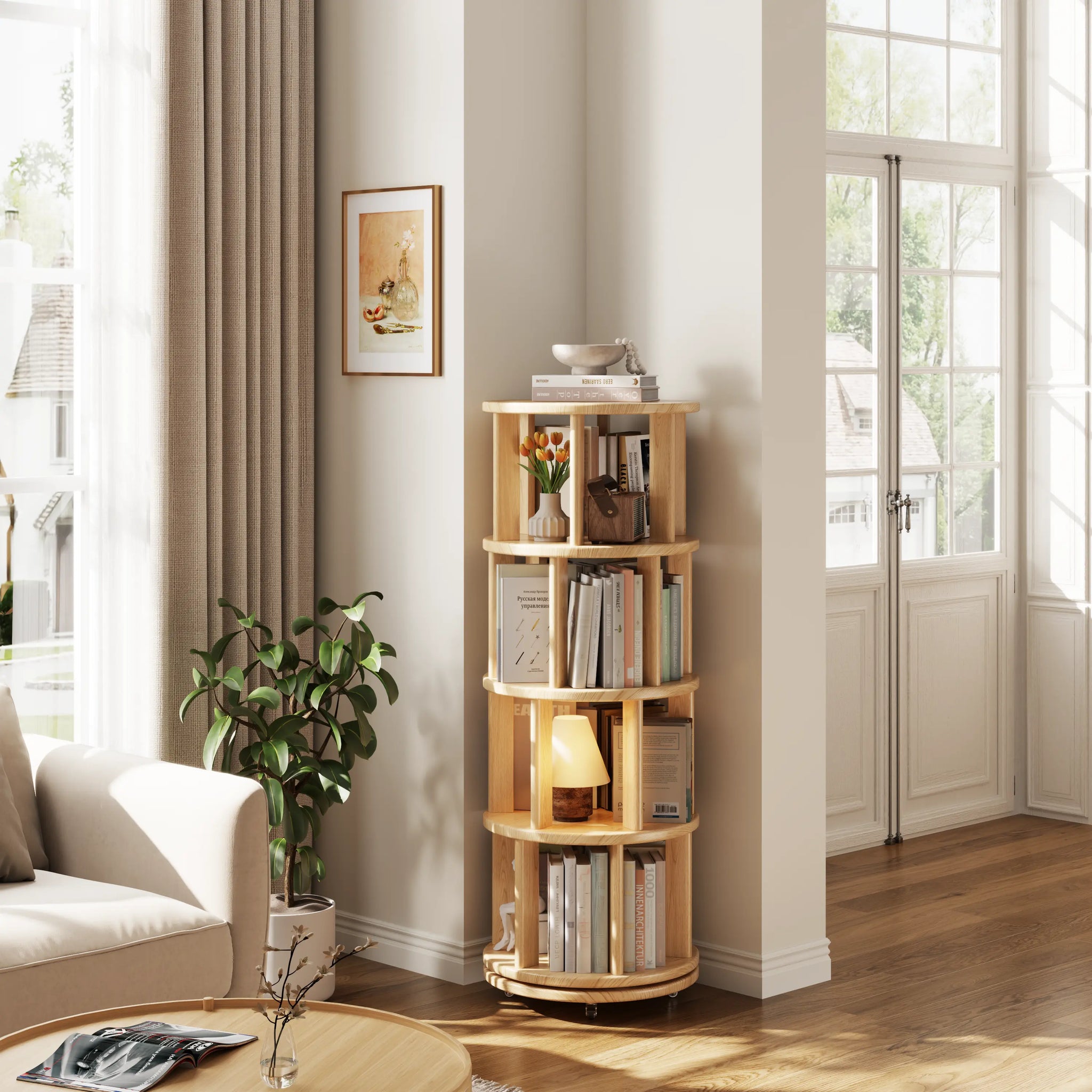 Rotating Round Bookshelf, Adjustable 1-6 Tiers – Space-Saving Storage Rack - iKaslandi
