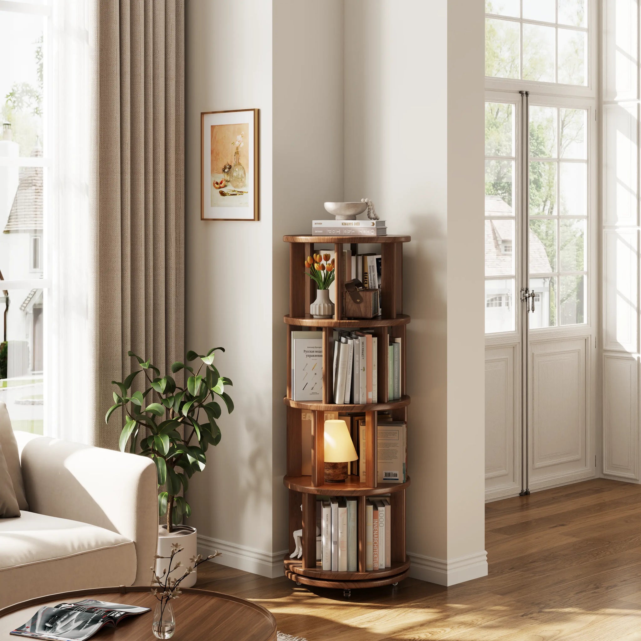 Rotating Round Bookshelf, Adjustable 1-6 Tiers – Space-Saving Storage Rack - iKaslandi