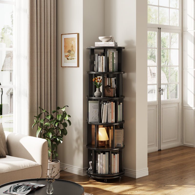 Rotating Round Bookshelf, Adjustable 1-6 Tiers – Space-Saving Storage Rack - iKaslandi