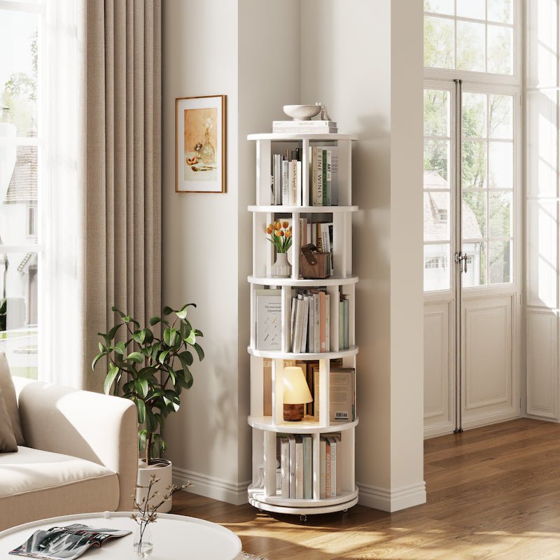 Rotating Round Bookshelf, Adjustable 1-6 Tiers – Space-Saving Storage Rack - iKaslandi