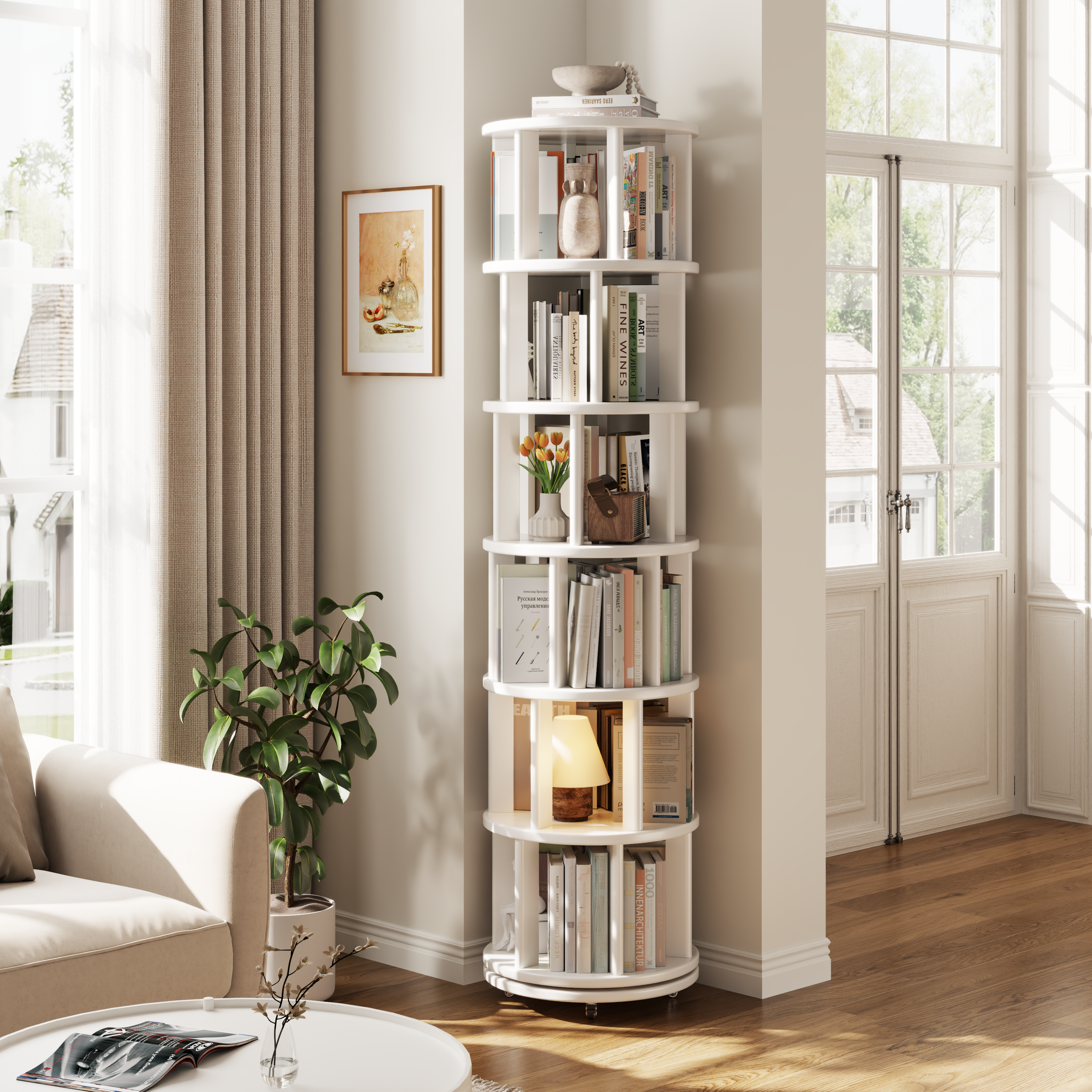 Rotating Round Bookshelf, Adjustable 1-6 Tiers – Space-Saving Storage Rack