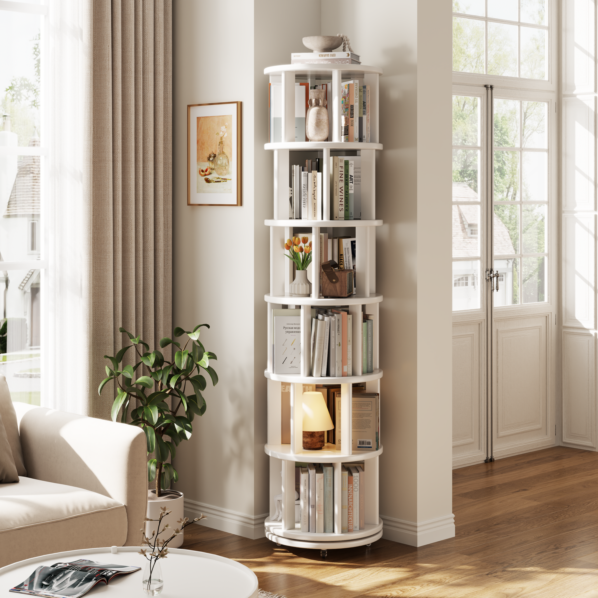 Rotating Round Bookshelf, Adjustable 1-6 Tiers – Space-Saving Storage Rack
