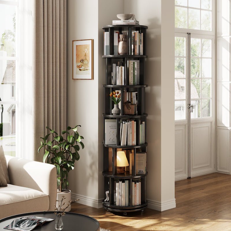 Rotating Round Bookshelf, Adjustable 1-6 Tiers – Space-Saving Storage Rack - iKaslandi