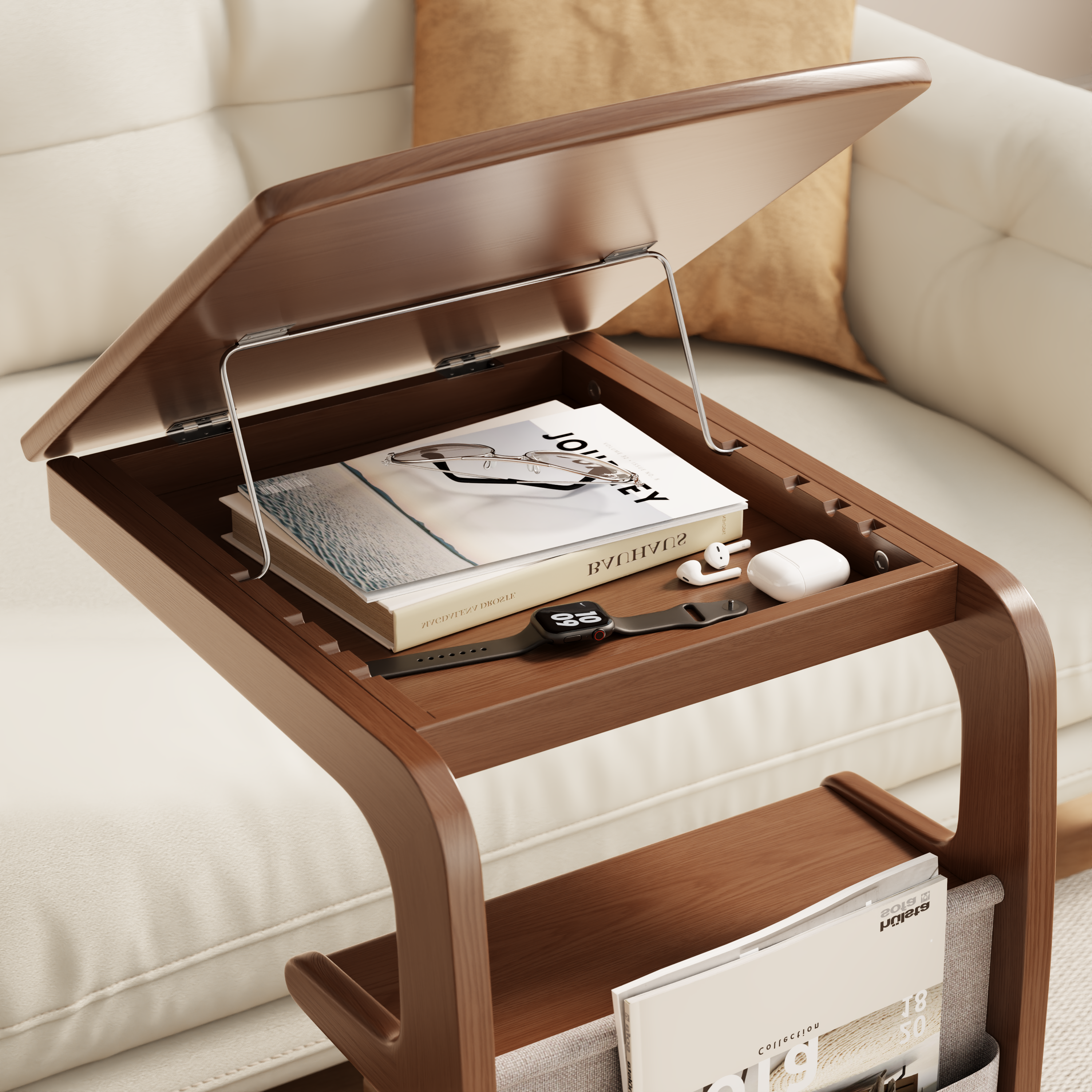 Solid Wood C-Shaped Table for Couch with 3-Tier Storage