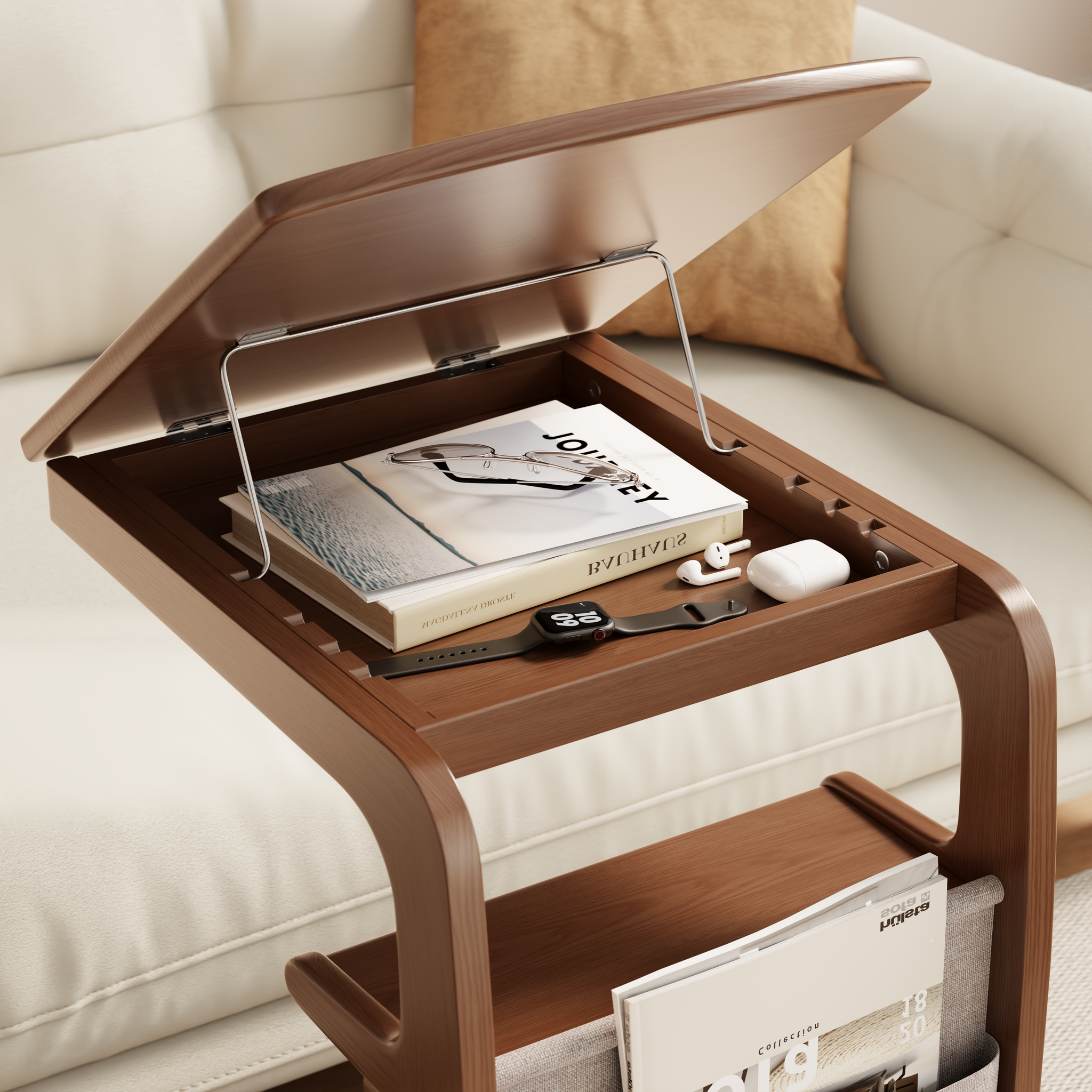 Solid Wood C-Shaped Table for Couch with 3-Tier Storage