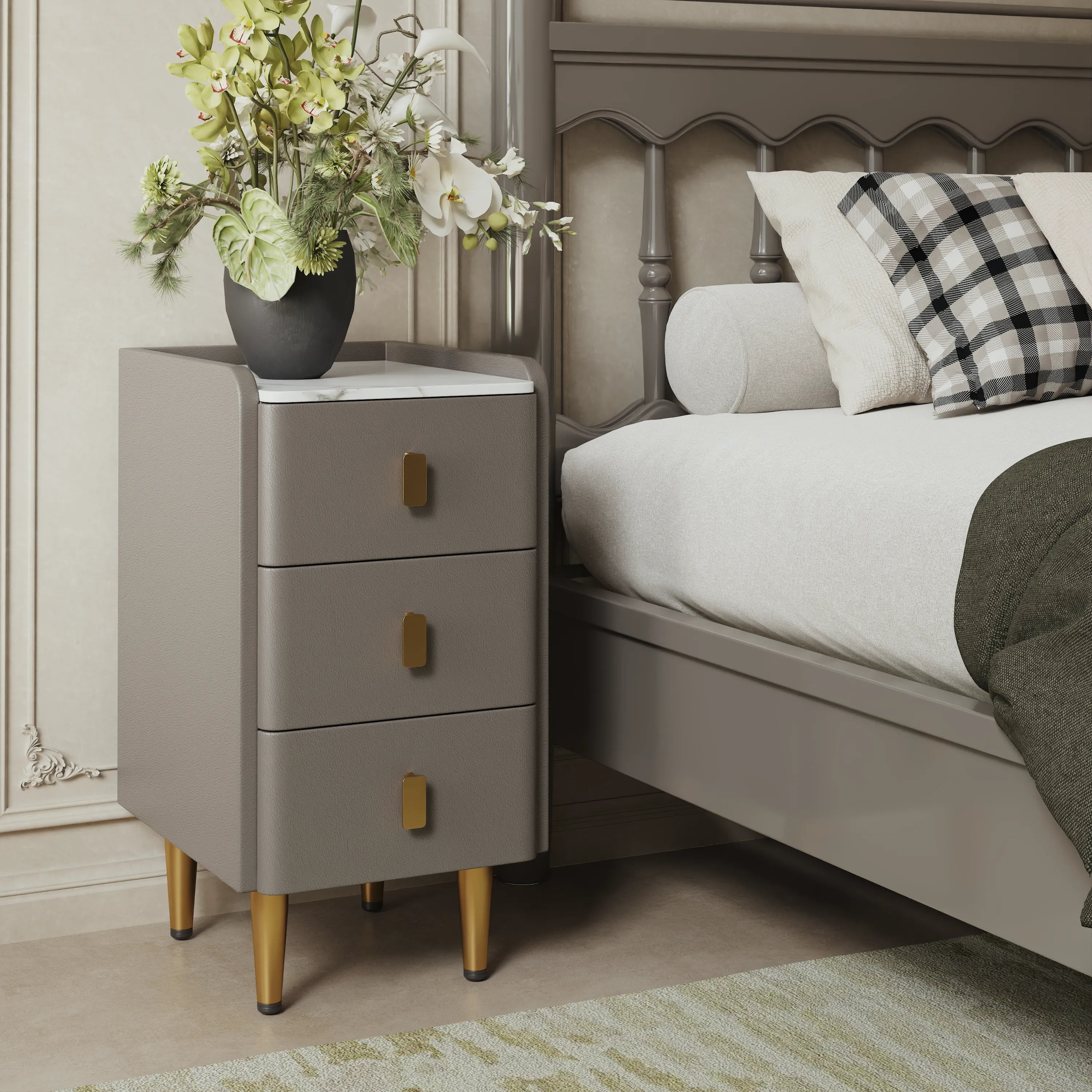 Leather Nightstand with Marble Top | 3 - Drawer Bedside Table with Gold Metal Legs - Kaslandi Furniture