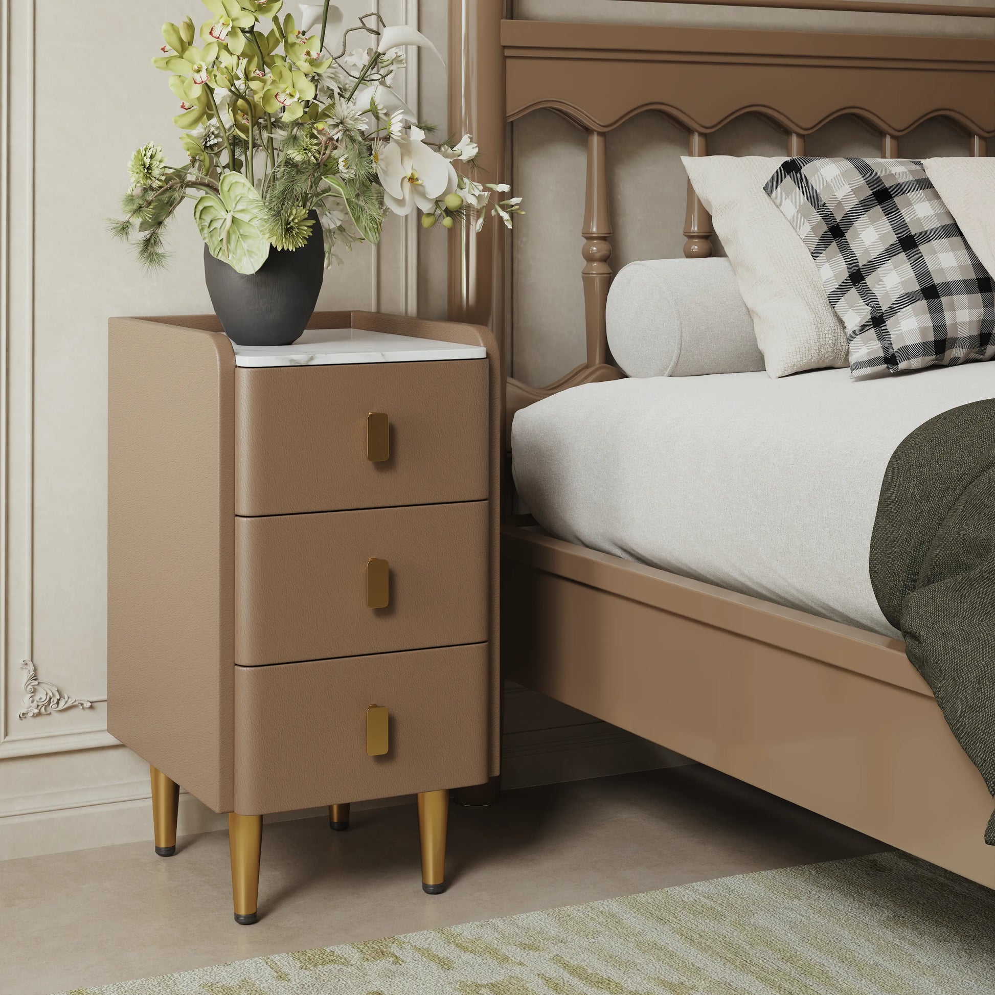 Leather Nightstand with Marble Top | 3 - Drawer Bedside Table with Gold Metal Legs - Kaslandi Furniture