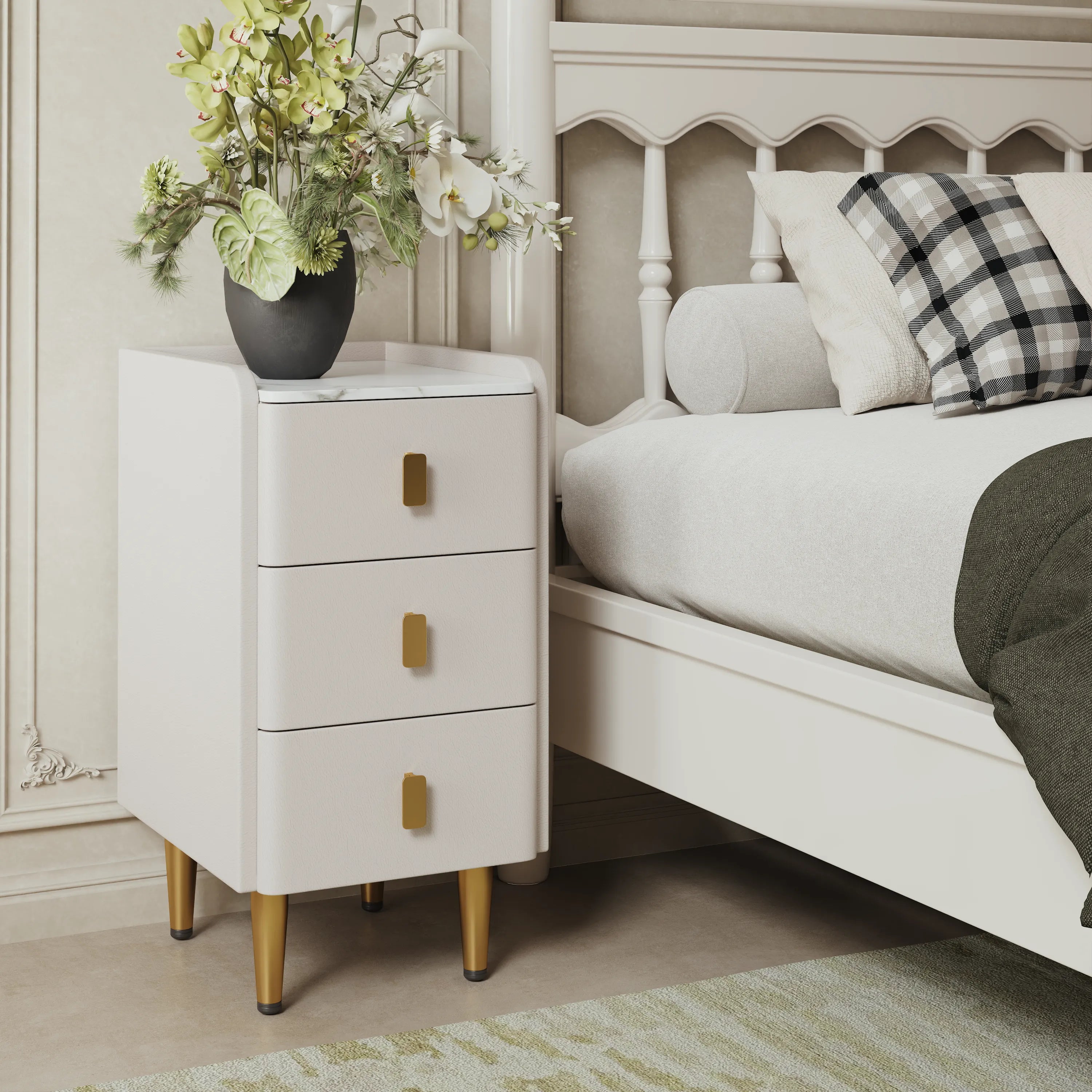 Leather Nightstand with Marble Top | 3 - Drawer Bedside Table with Gold Metal Legs - Kaslandi Furniture