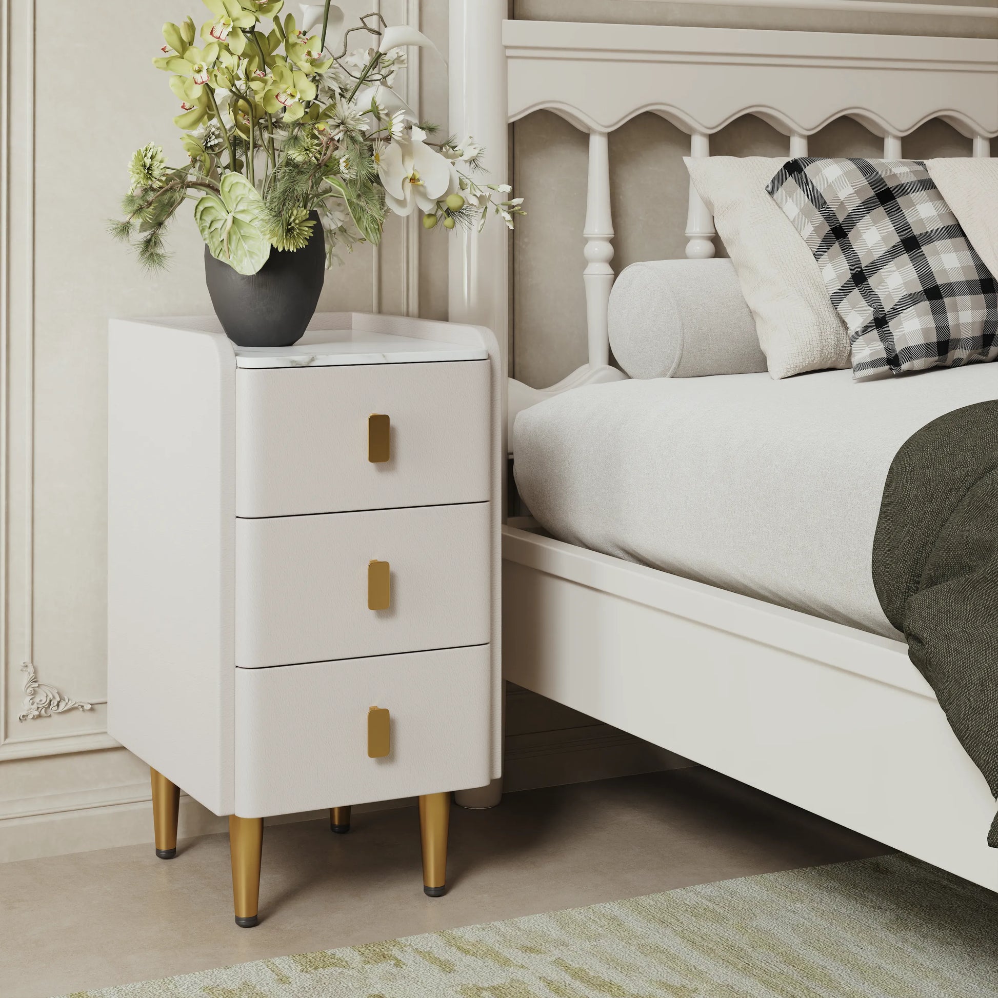Leather Nightstand with Marble Top | 3 - Drawer Bedside Table with Gold Metal Legs - Kaslandi Furniture