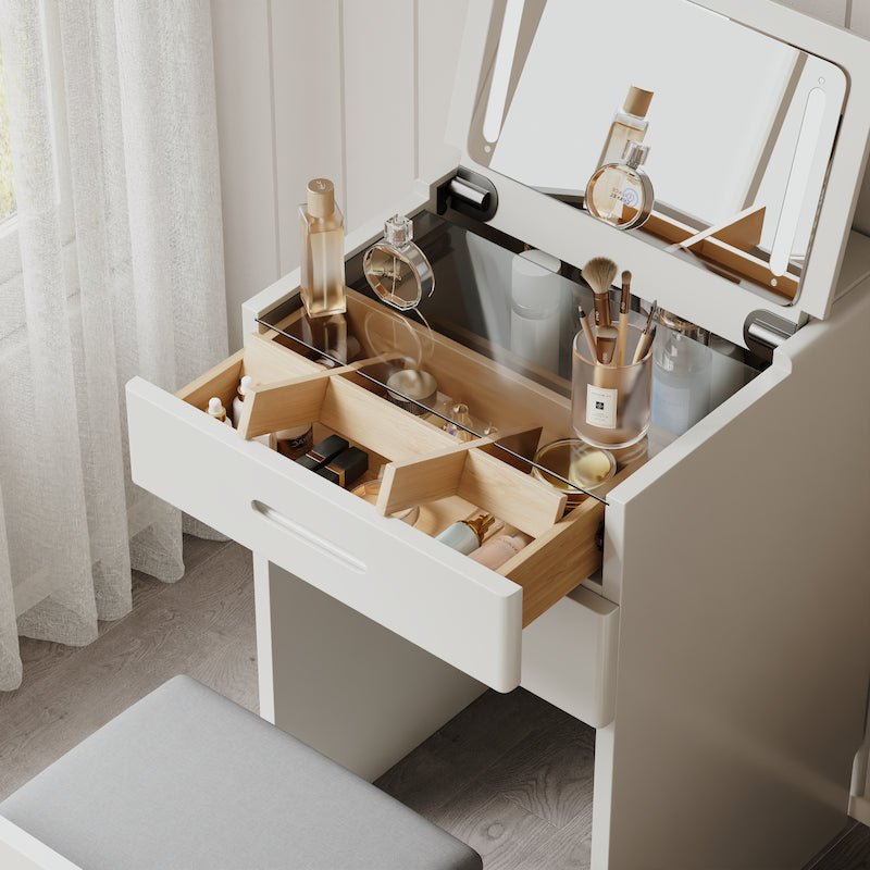 Solid Wood LED Vanity Desk with Chair, Space Saving Makeup Table - iKaslandi