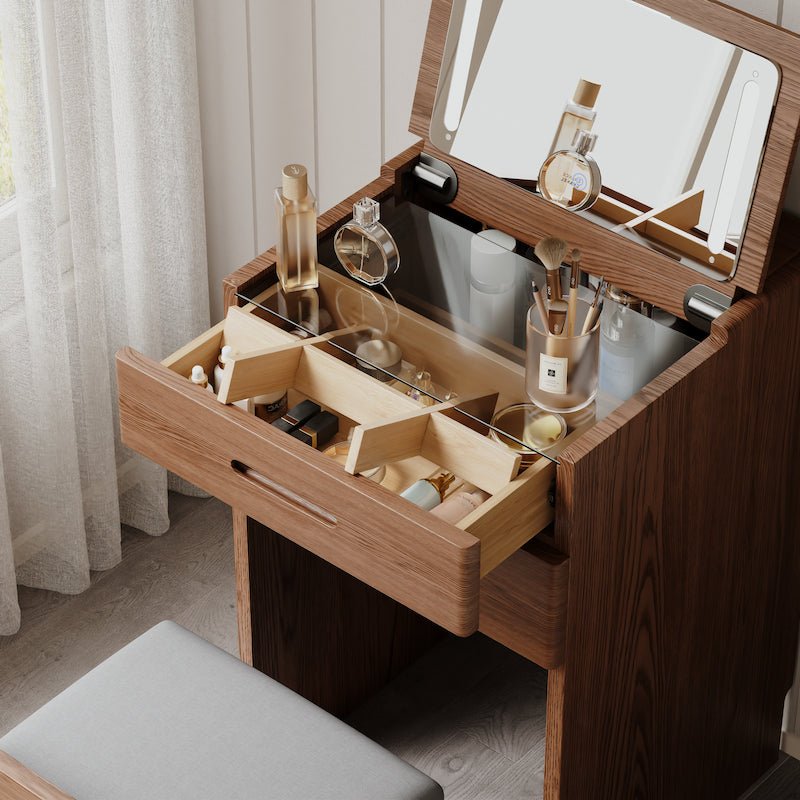 Solid Wood LED Vanity Desk with Chair, Space Saving Makeup Table - iKaslandi