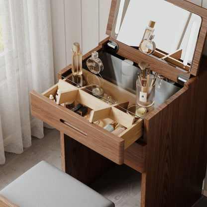 Solid Wood LED Vanity Desk with Chair, Space Saving Makeup Table - iKaslandi