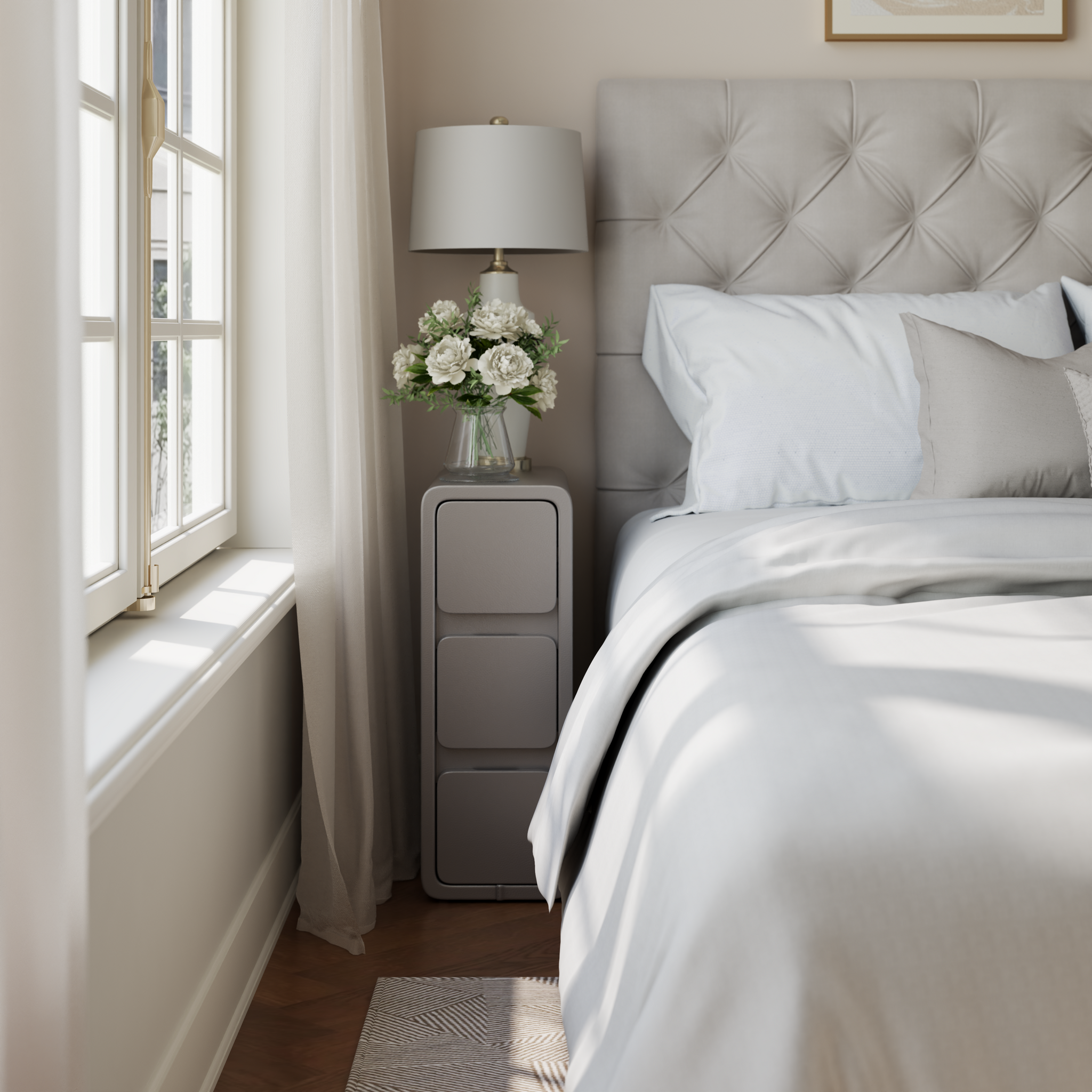 Modern Solid Wood Nightstand with 3 Hidden Handle Drawers