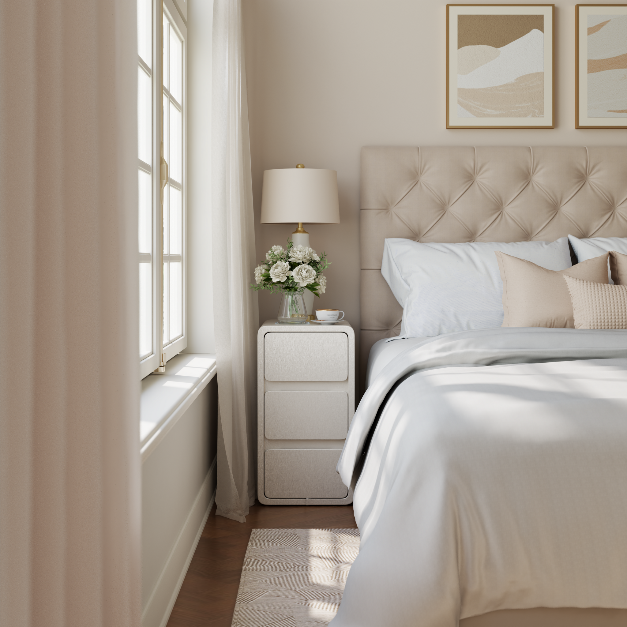 Modern Solid Wood Nightstand with 3 Hidden Handle Drawers