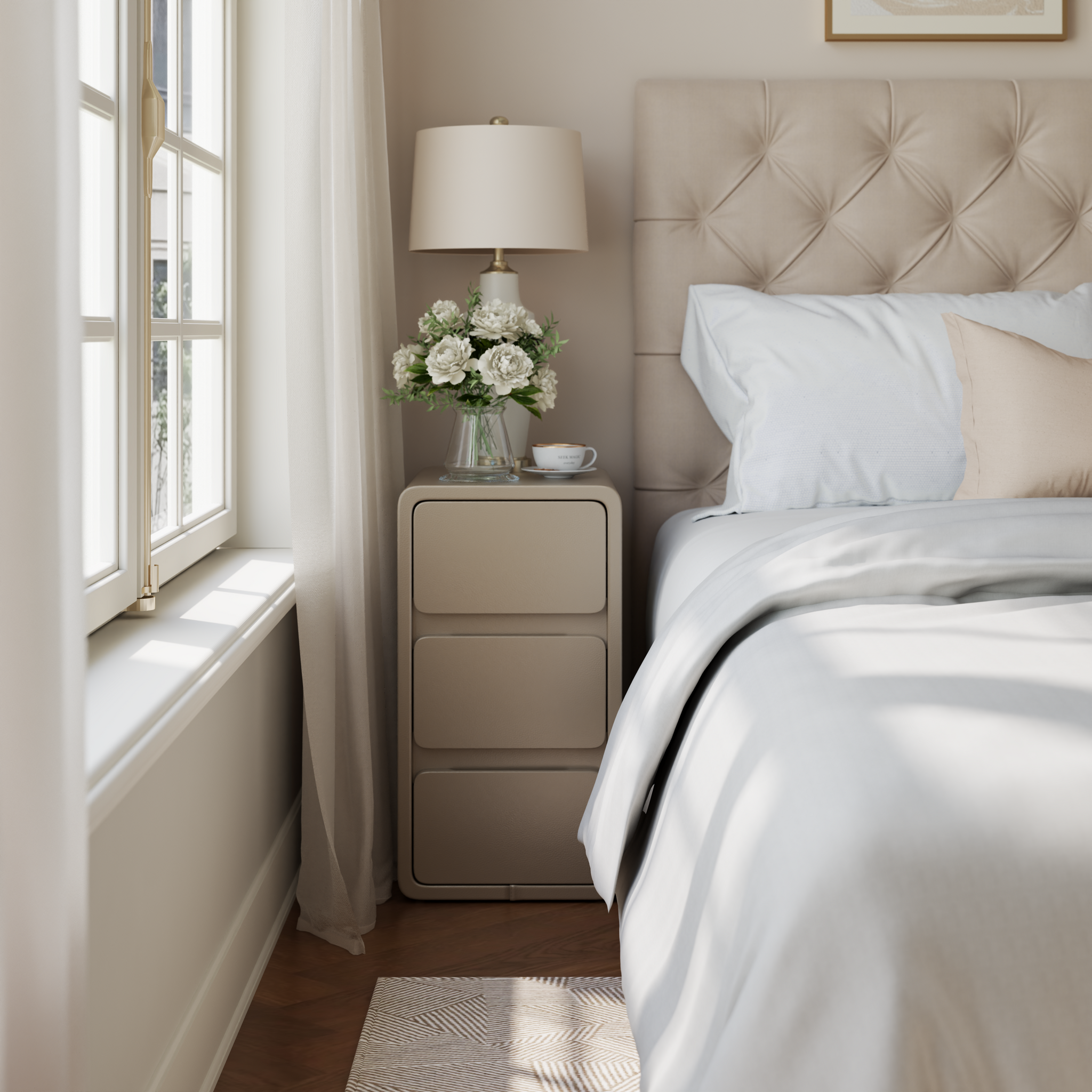 Modern Solid Wood Nightstand with 3 Hidden Handle Drawers