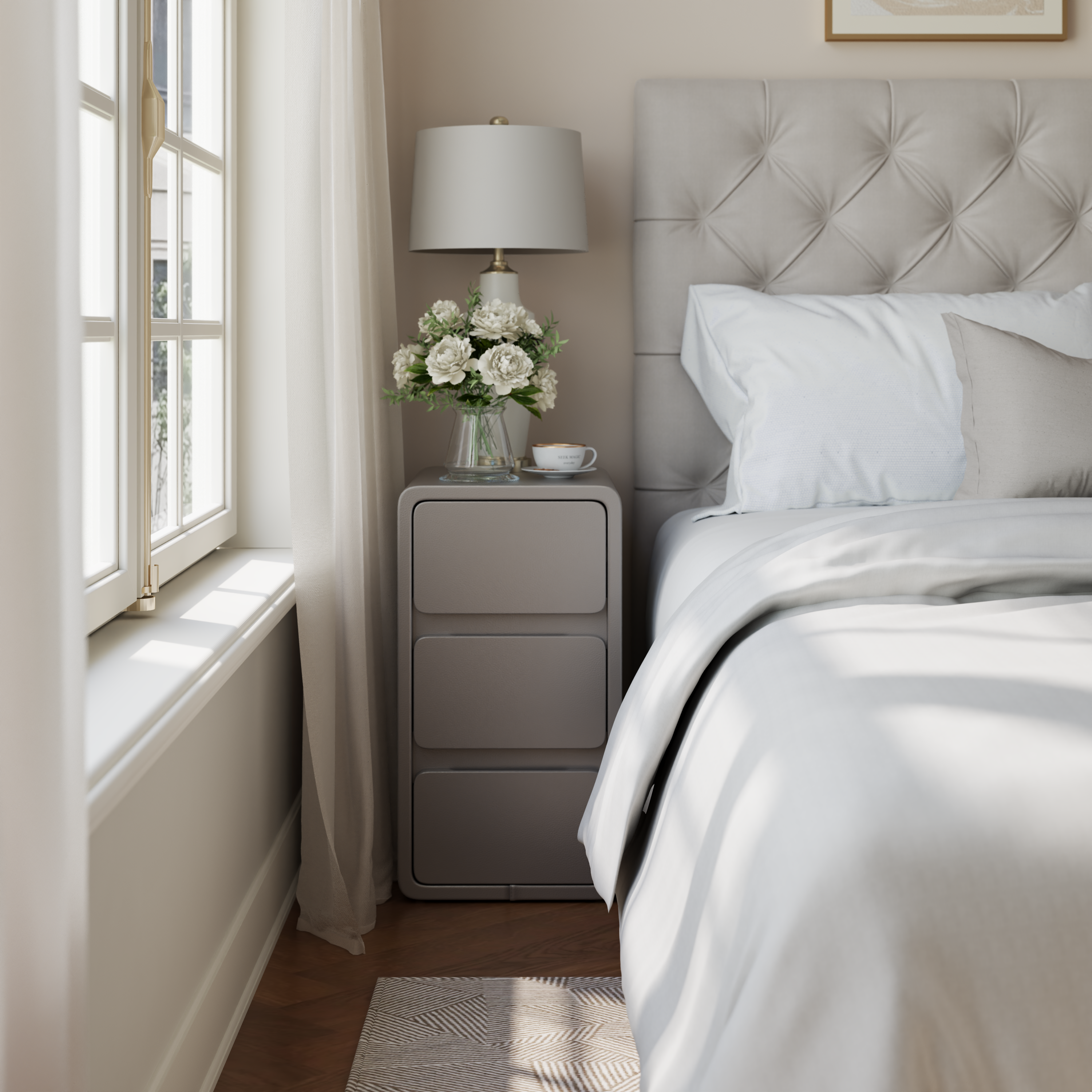 Modern Solid Wood Nightstand with 3 Hidden Handle Drawers