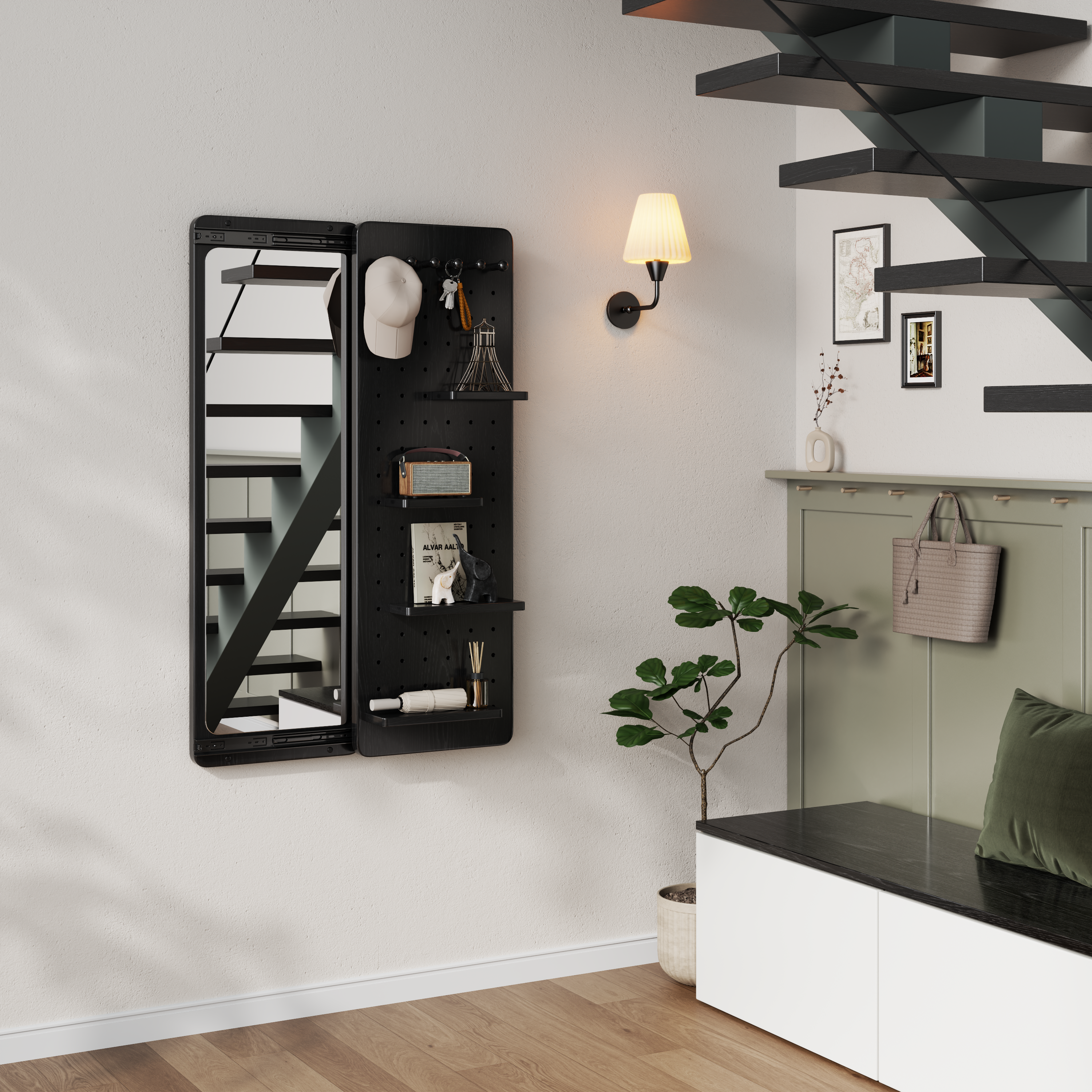 Full Length Wall Mirror with Shelf & Hooks