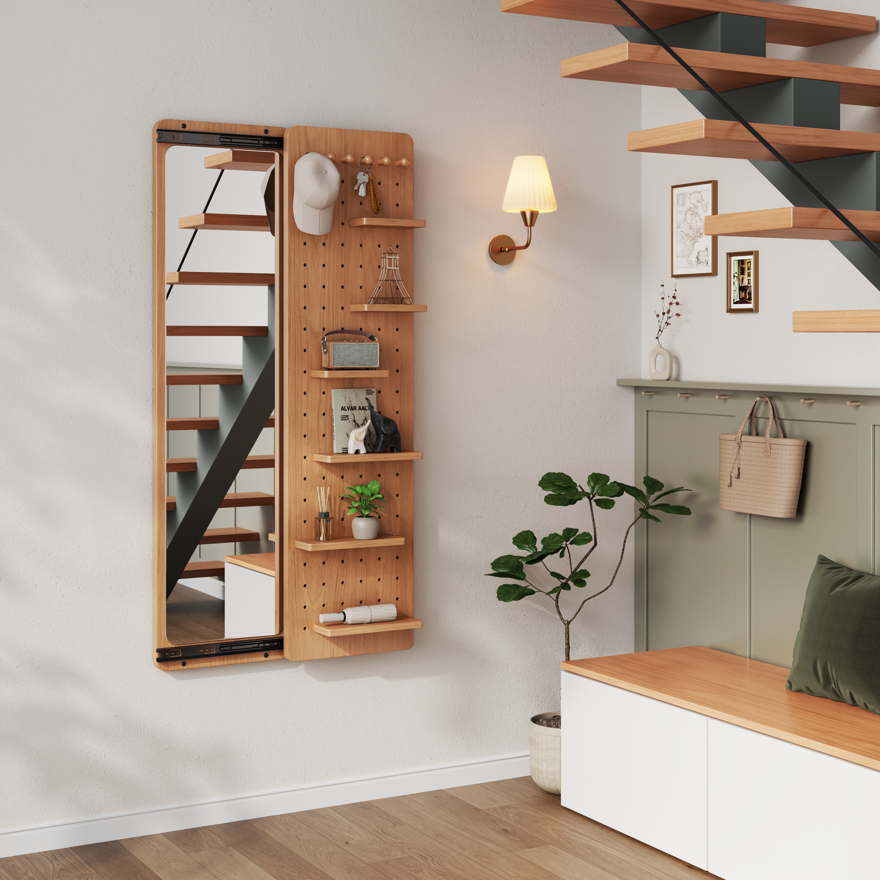 Full Length Wall Mirror with Shelf & Hooks