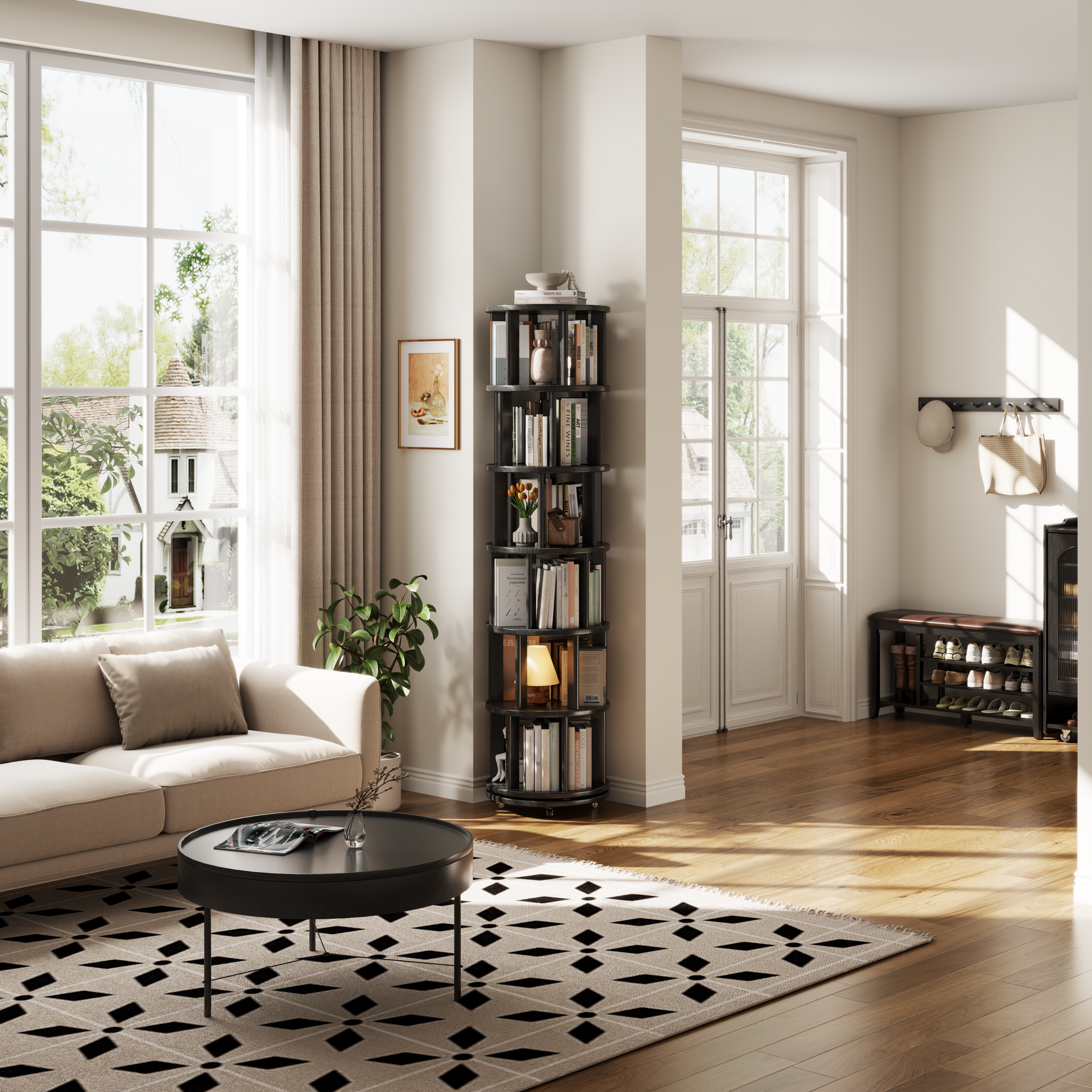 Rotating Round Bookshelf, Adjustable 1-6 Tiers – Space-Saving Storage Rack
