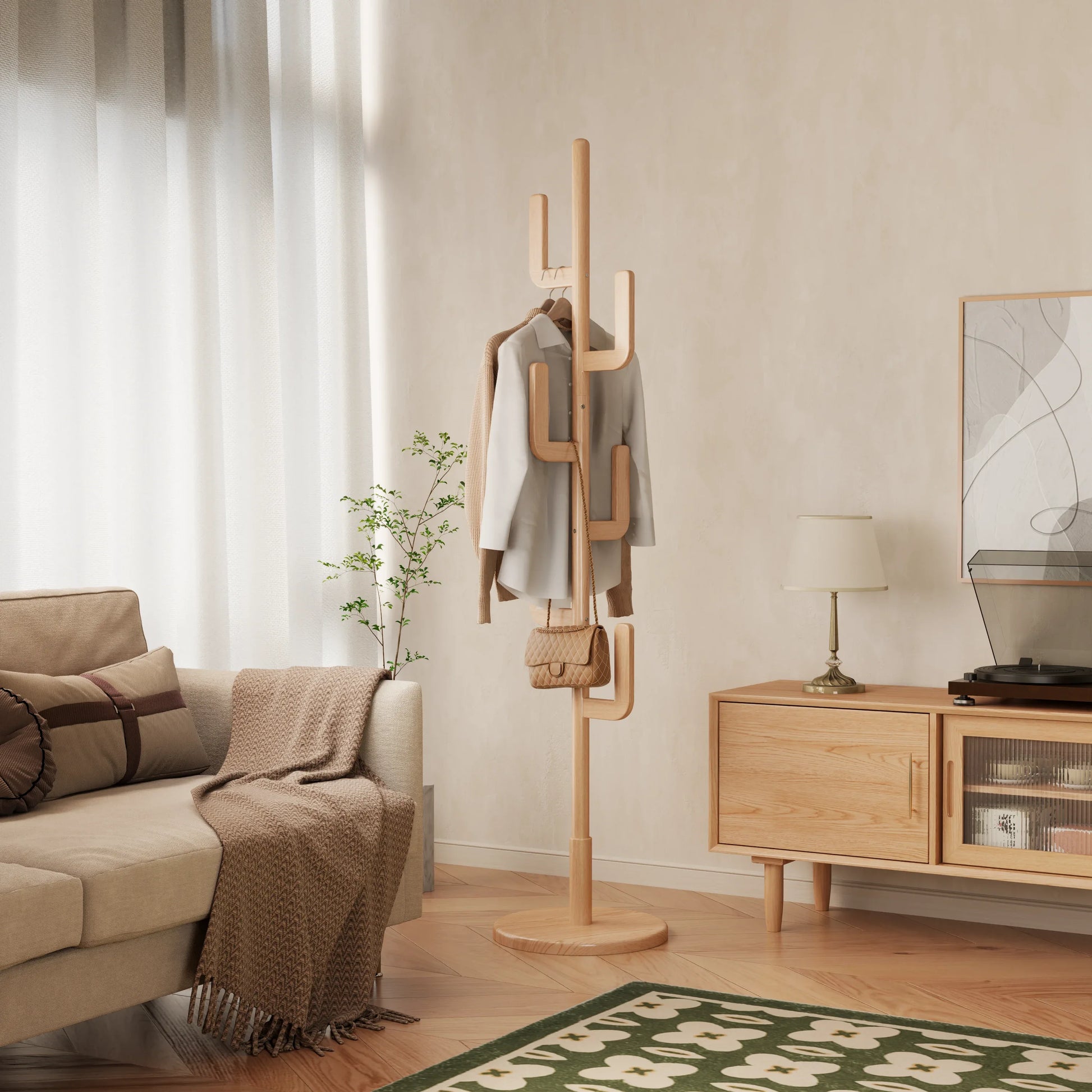 Solid Wood Cactus Coat Rack Stand – Modern Freestanding Coat Tree - Kaslandi Furniture