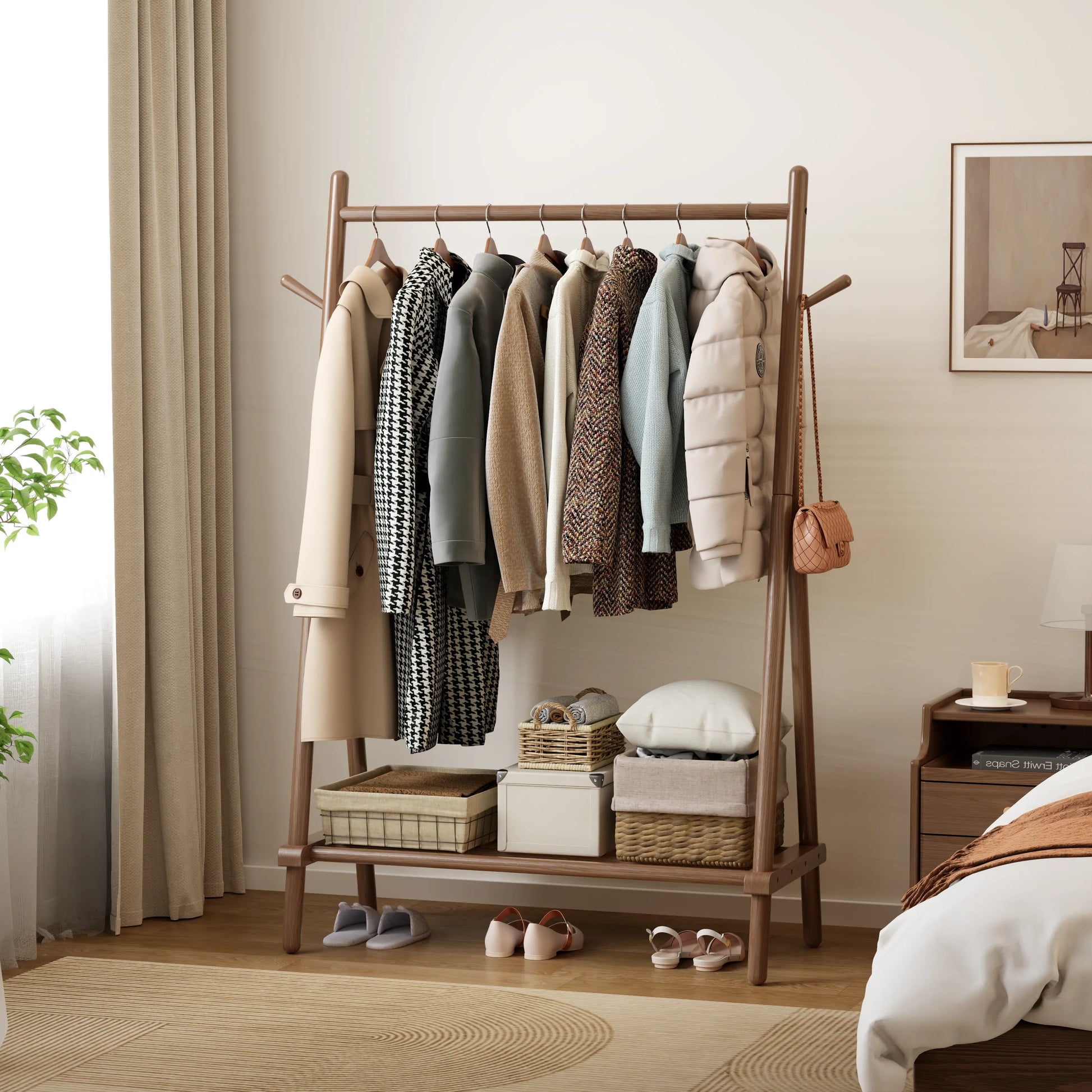 Solid Wood Rolling Clothes Rack with Shelves - Kaslandi Furniture