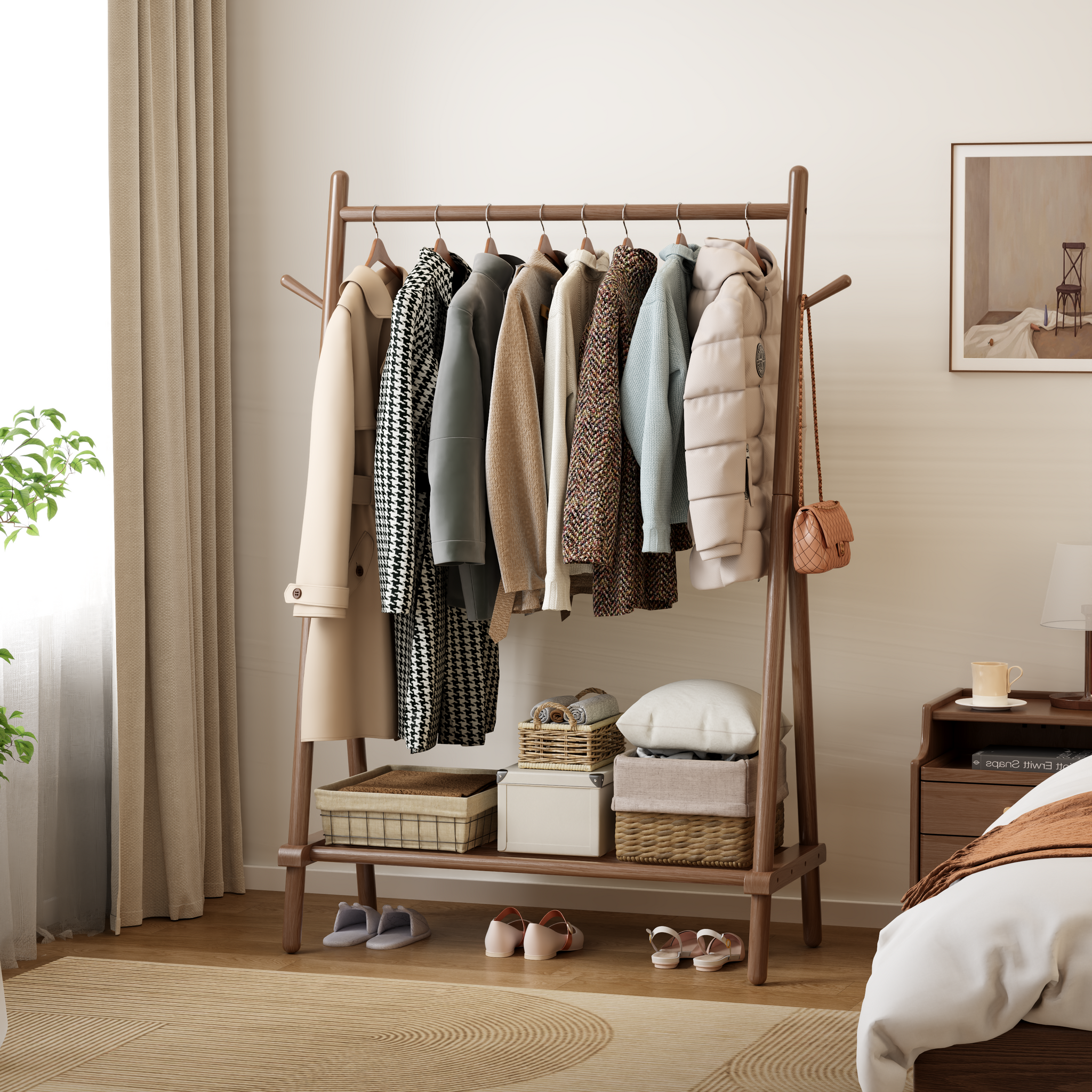 Solid Wood Rolling Clothes Rack with Shelves
