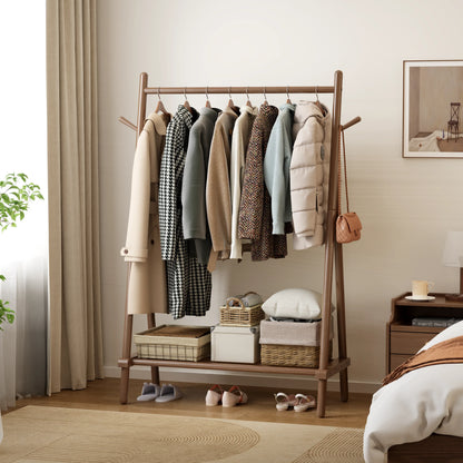 Solid Wood Rolling Clothes Rack with Shelves - Kaslandi Furniture