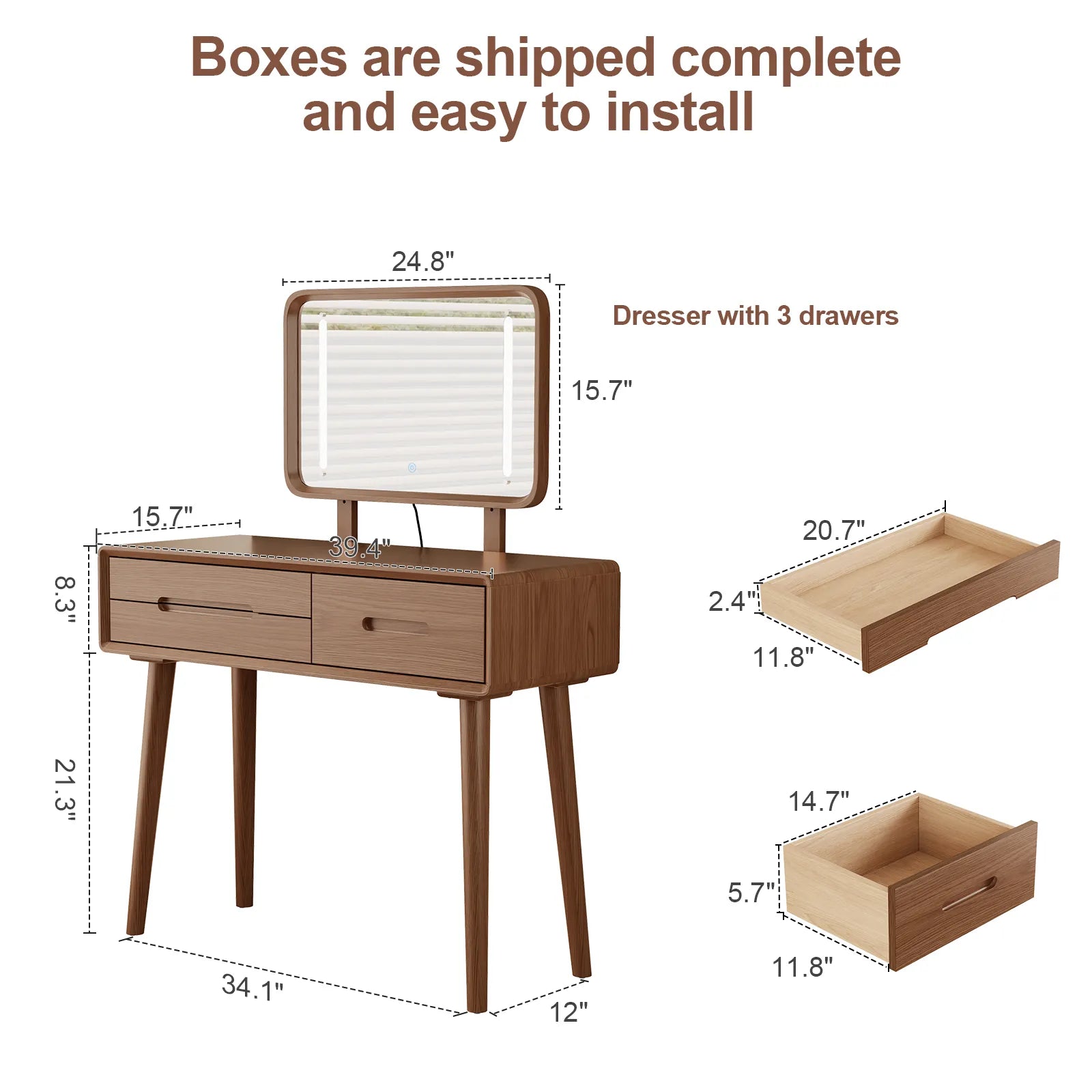 Solid Wood Vanity Desk with Detachable Lighted Mirror | Converts to Writing Desk - Kaslandi Furniture