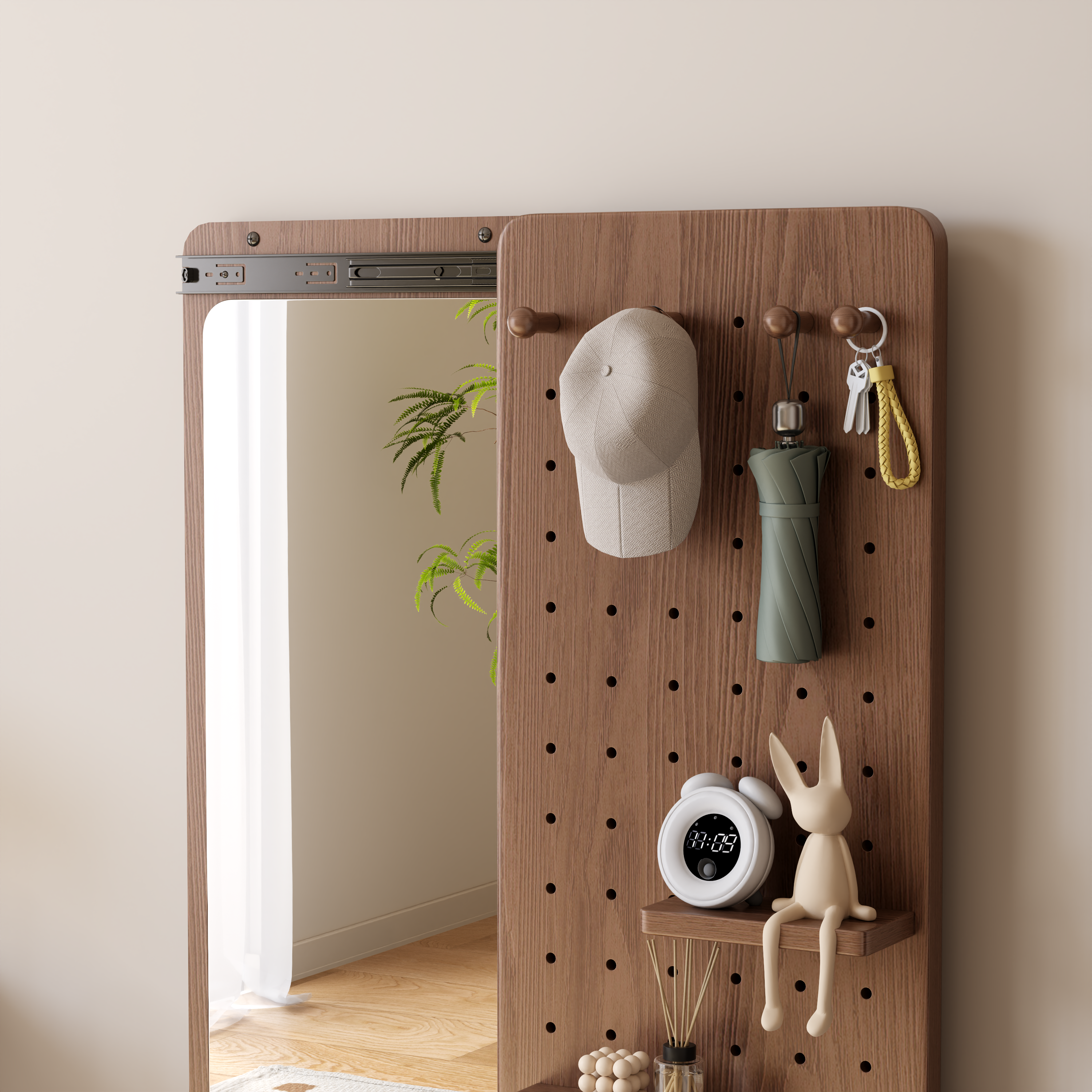 Full Length Wall Mirror with Shelf & Hooks