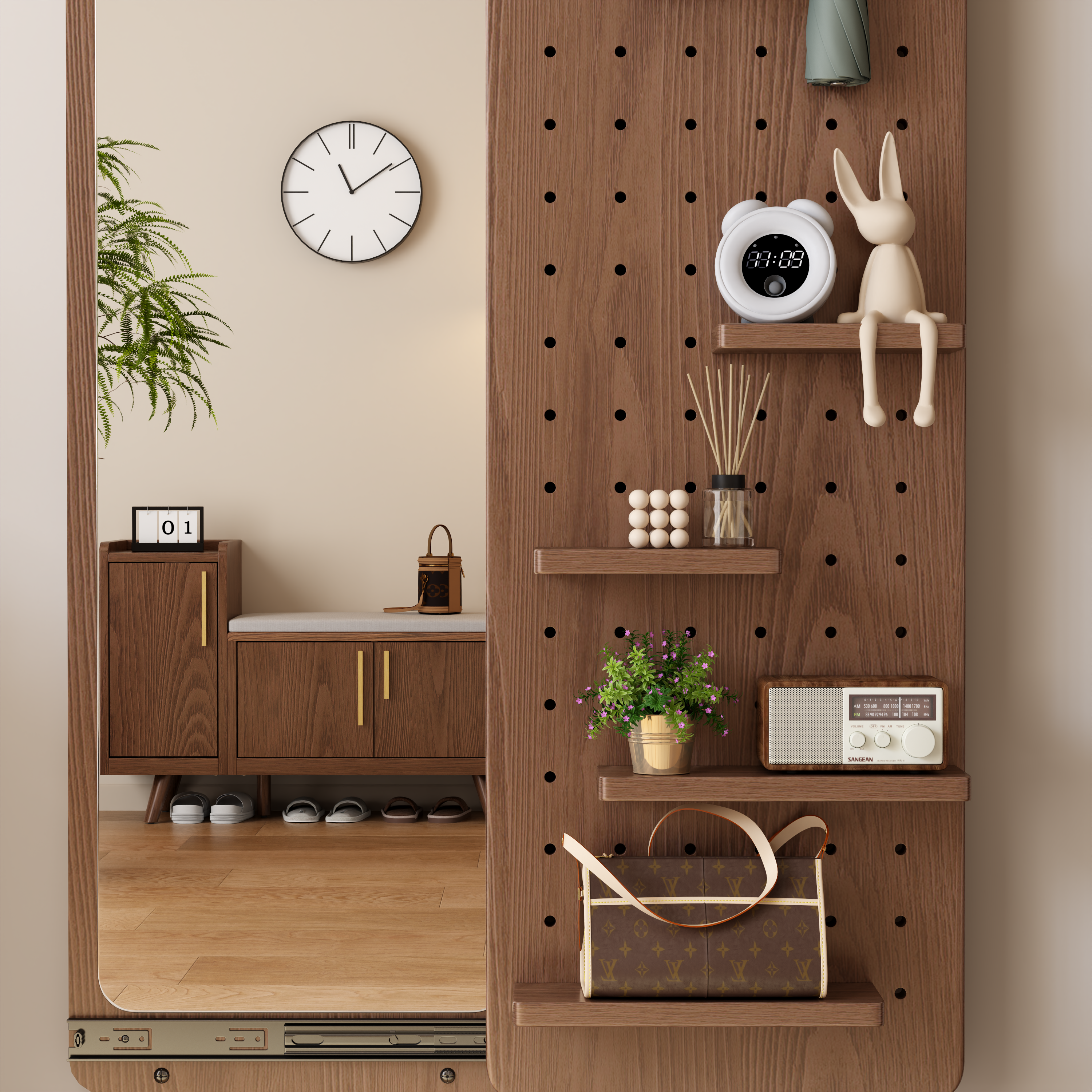 Full Length Wall Mirror with Shelf & Hooks