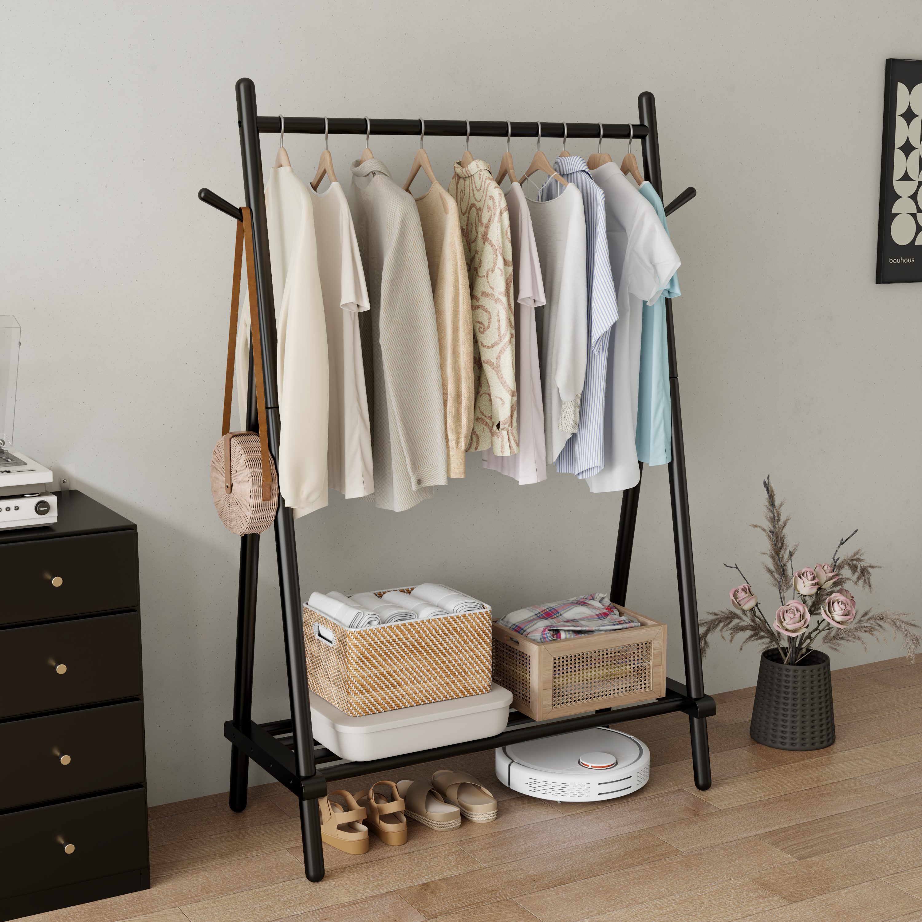 Solid Wood Rolling Clothes Rack with Shelves
