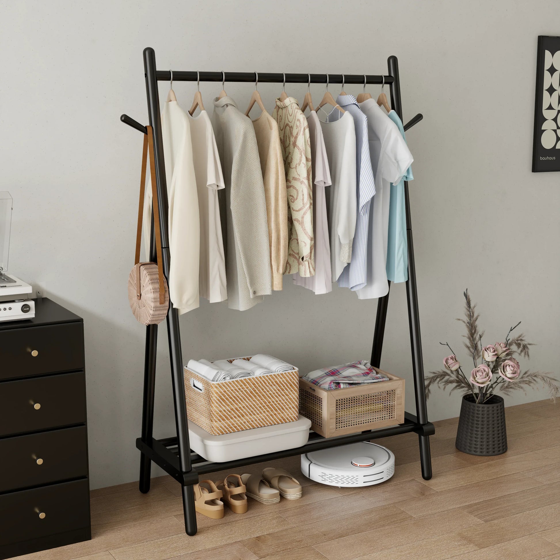 Solid Wood Rolling Clothes Rack with Shelves - Kaslandi Furniture