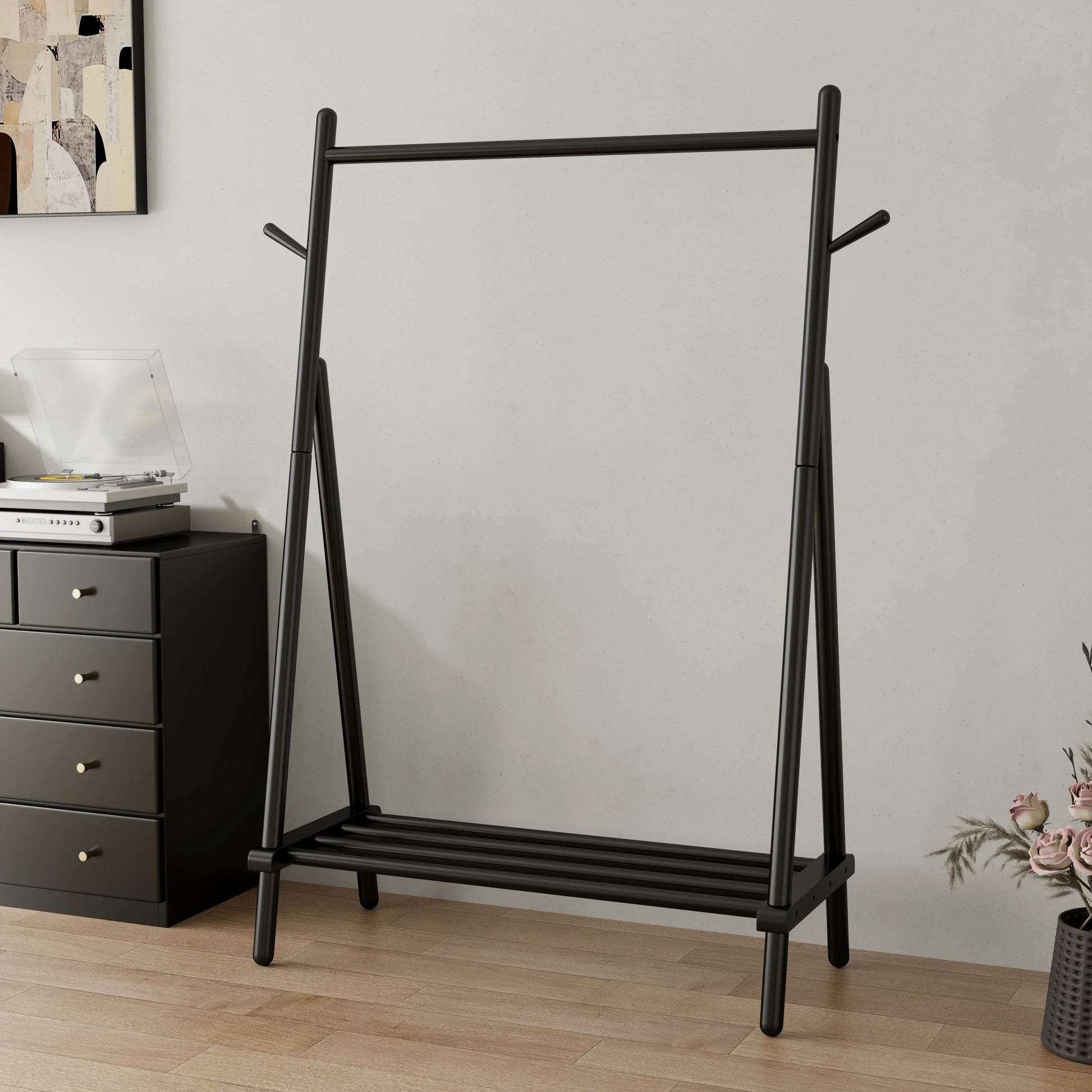 Solid Wood Rolling Clothes Rack with Shelves - Kaslandi Furniture