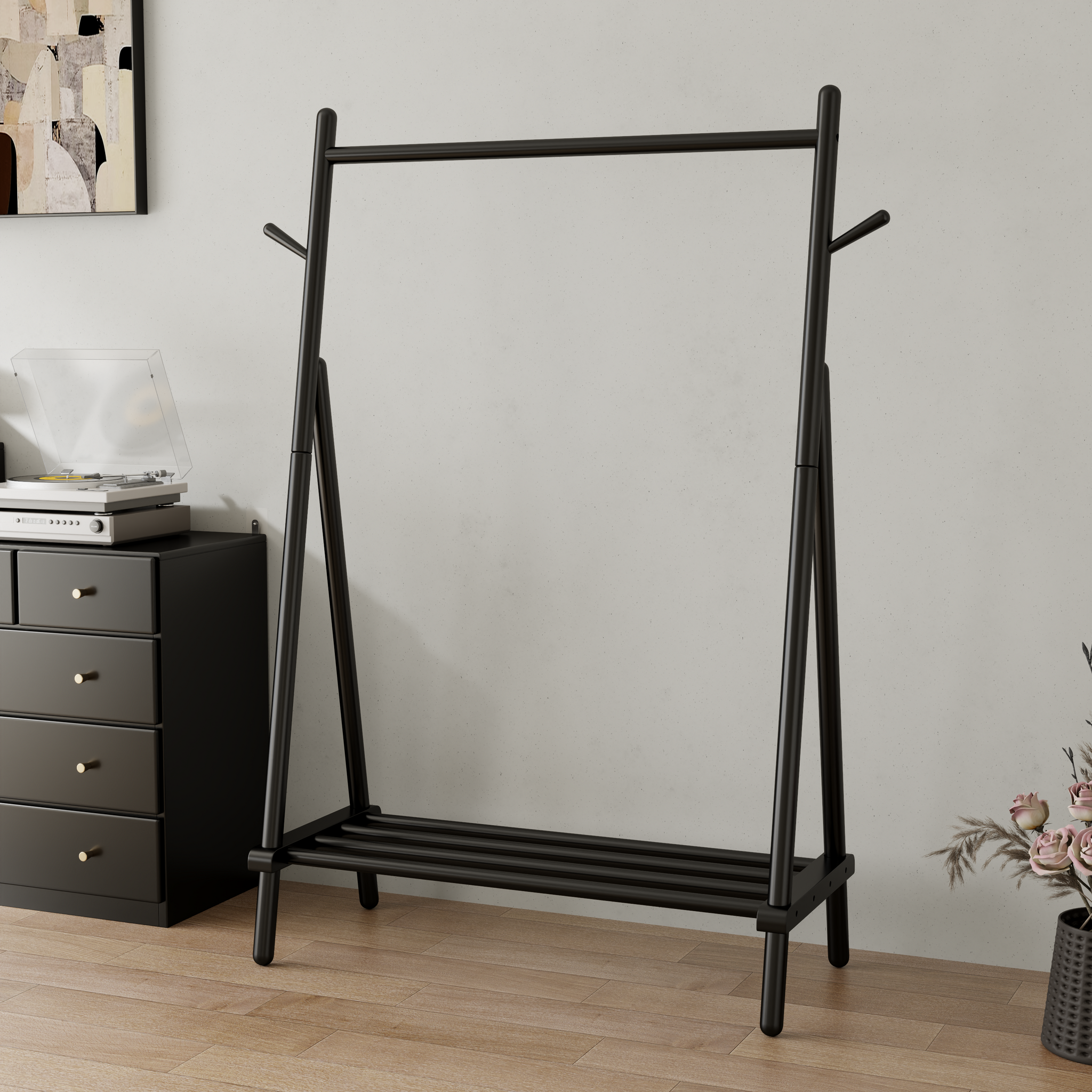 Solid Wood Rolling Clothes Rack with Shelves