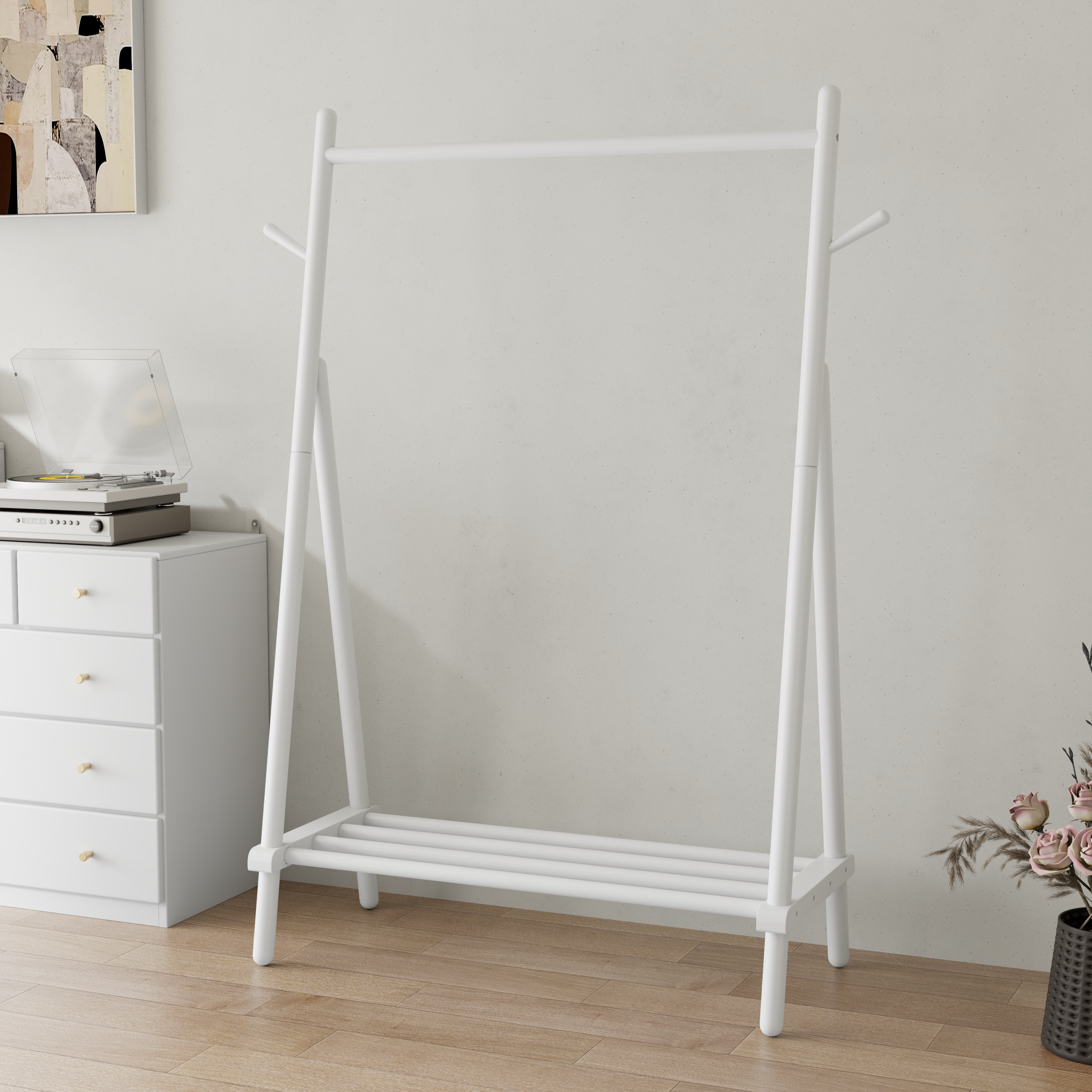 Solid Wood Rolling Clothes Rack with Shelves
