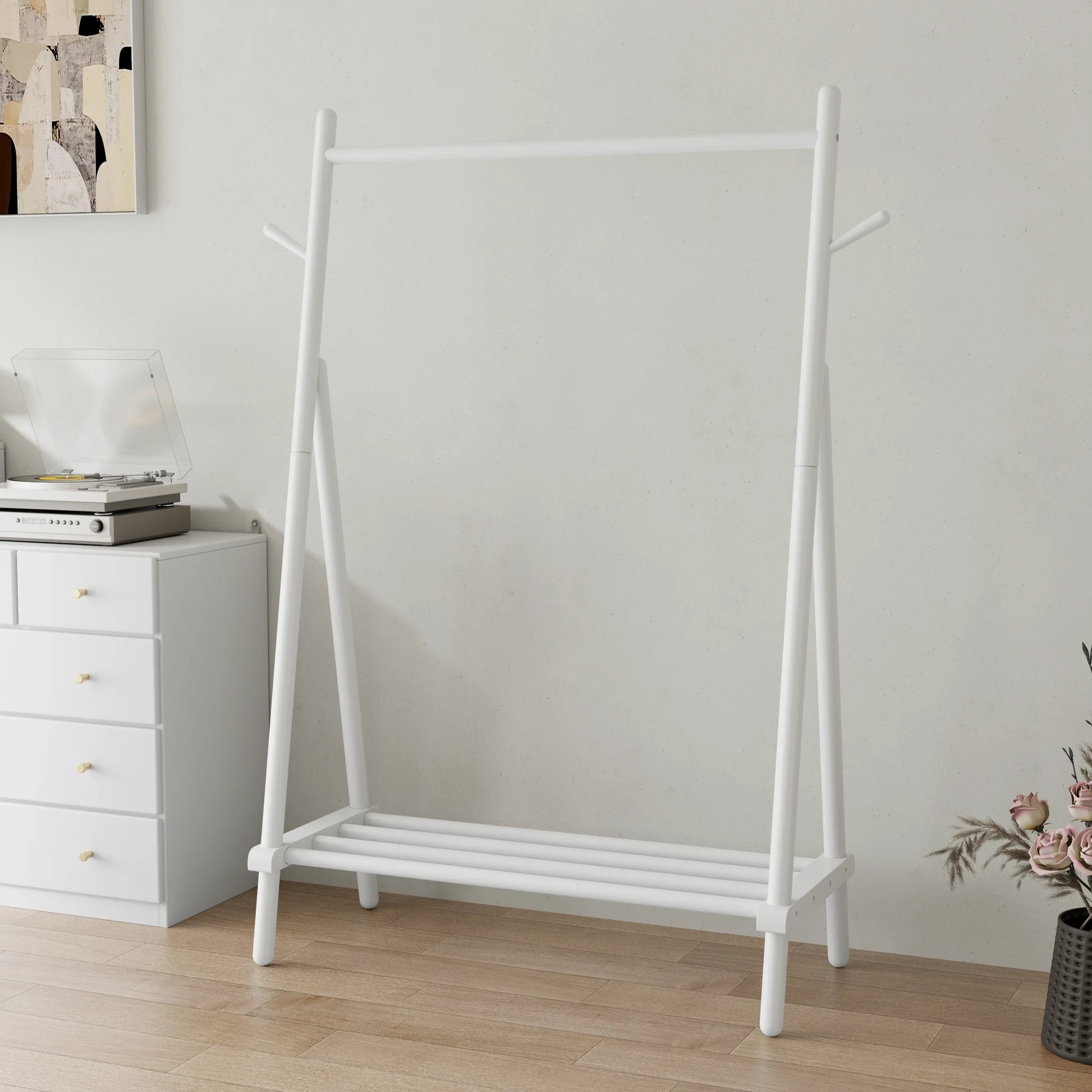 Solid Wood Rolling Clothes Rack with Shelves - Kaslandi Furniture