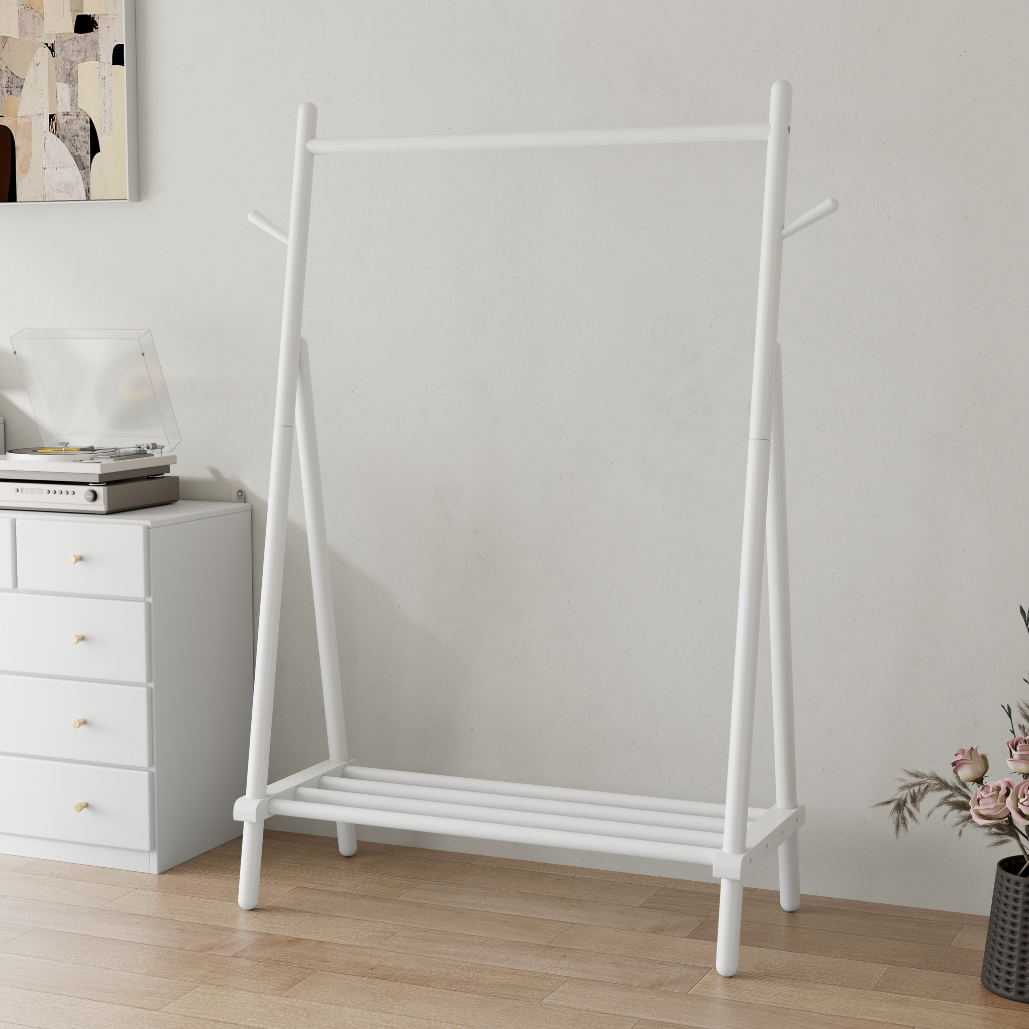 Solid Wood Rolling Clothes Rack with Shelves