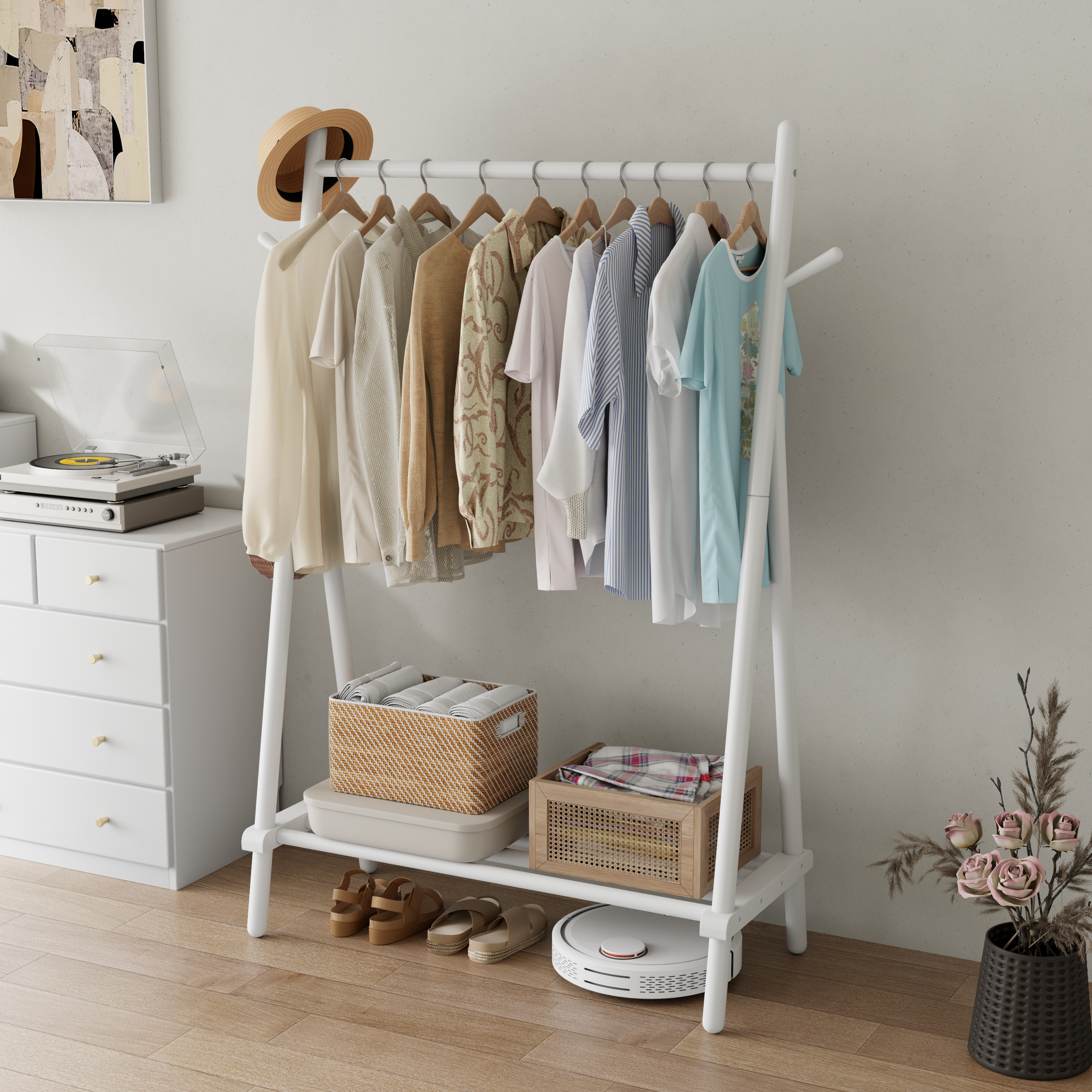 Solid Wood Rolling Clothes Rack with Shelves