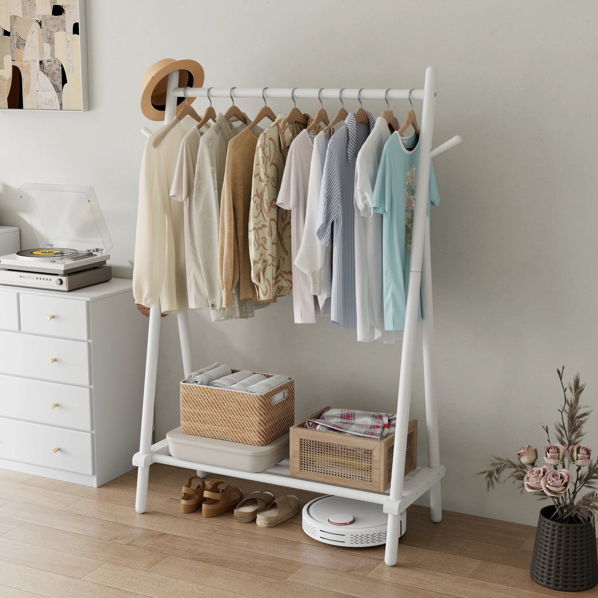 Solid Wood Rolling Clothes Rack with Shelves - Kaslandi Furniture