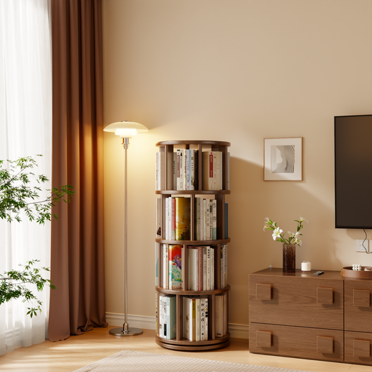 Wooden bookshelf with books in a living room setting with a lamp, TV, and plant.