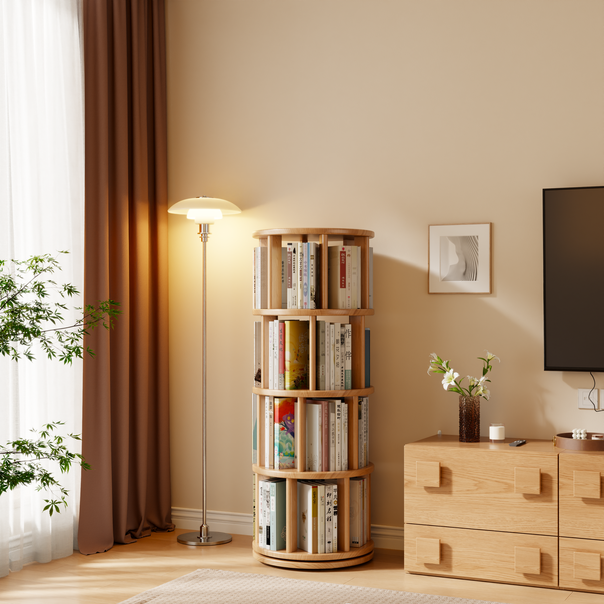 Rotating Round Bookshelf, Adjustable 1-6 Tiers – Space-Saving Storage Rack