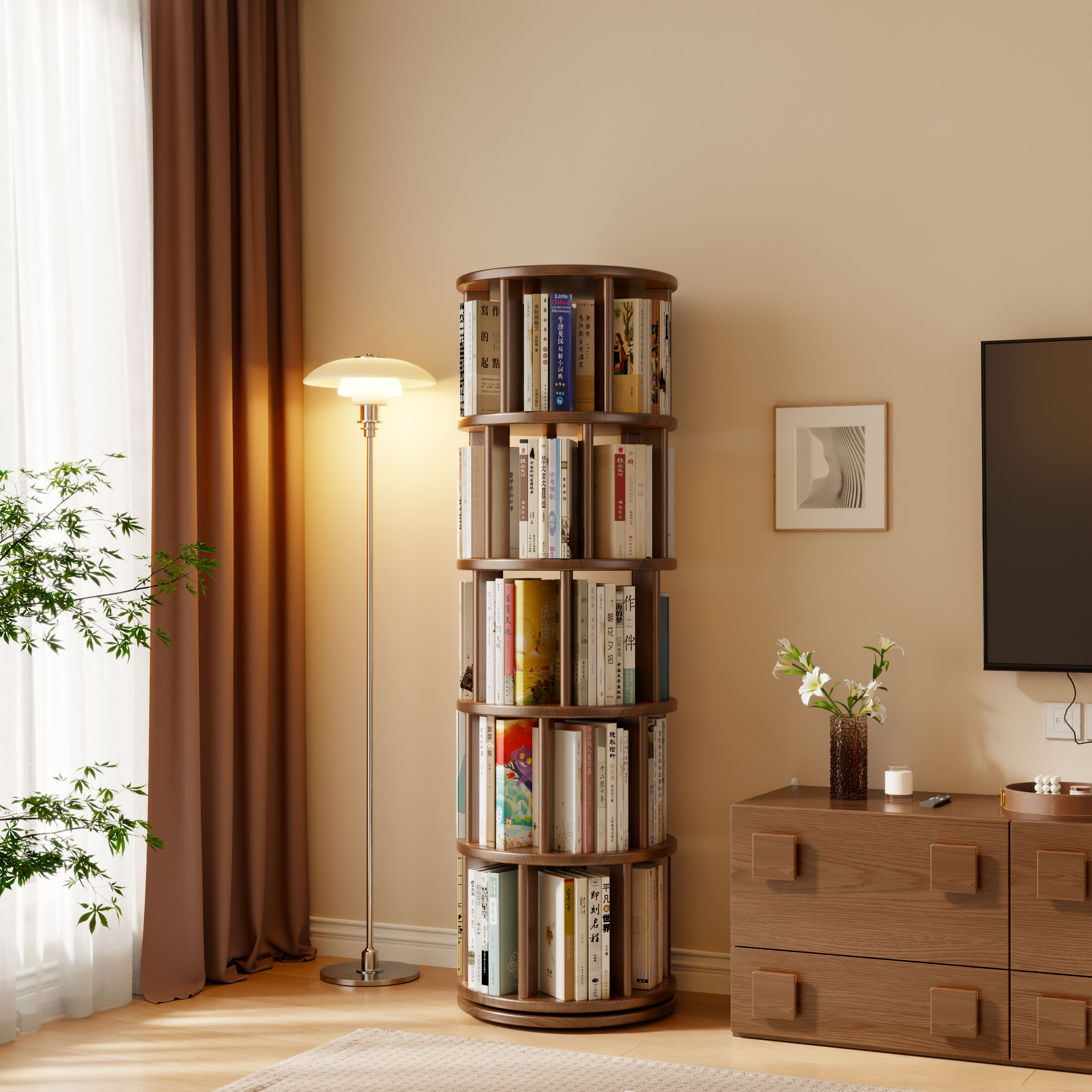 Rotating Round Bookshelf, Adjustable 1-6 Tiers – Space-Saving Storage Rack