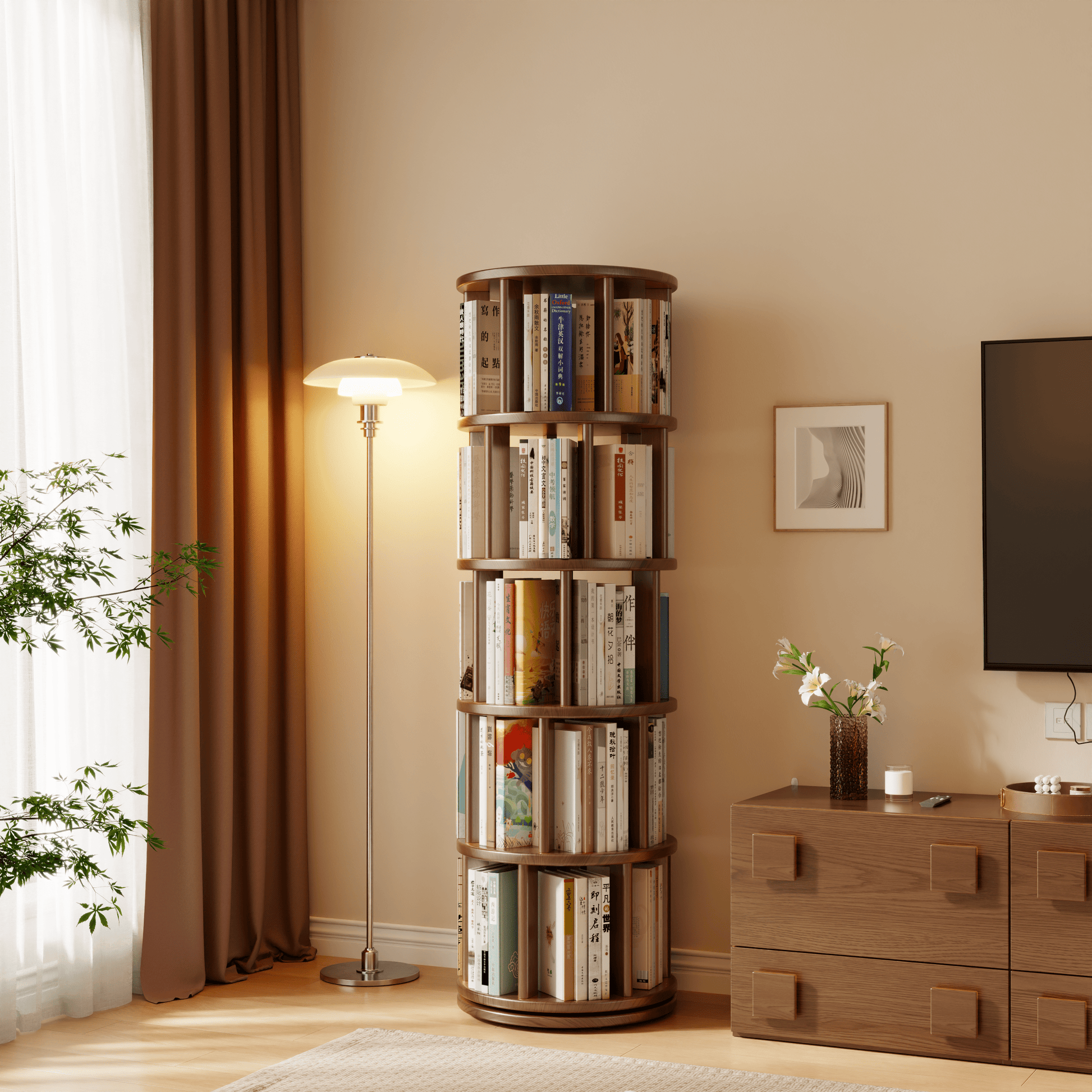 Rotating Round Bookshelf, Adjustable 1 - 6 Tiers – Space - Saving Storage Rack - Kaslandi Furniture