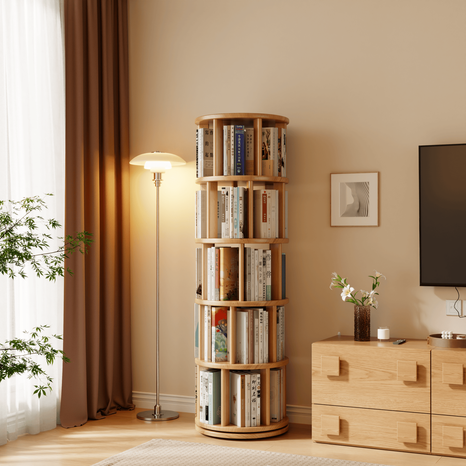 Rotating Round Bookshelf, Adjustable 1 - 6 Tiers – Space - Saving Storage Rack - Kaslandi Furniture