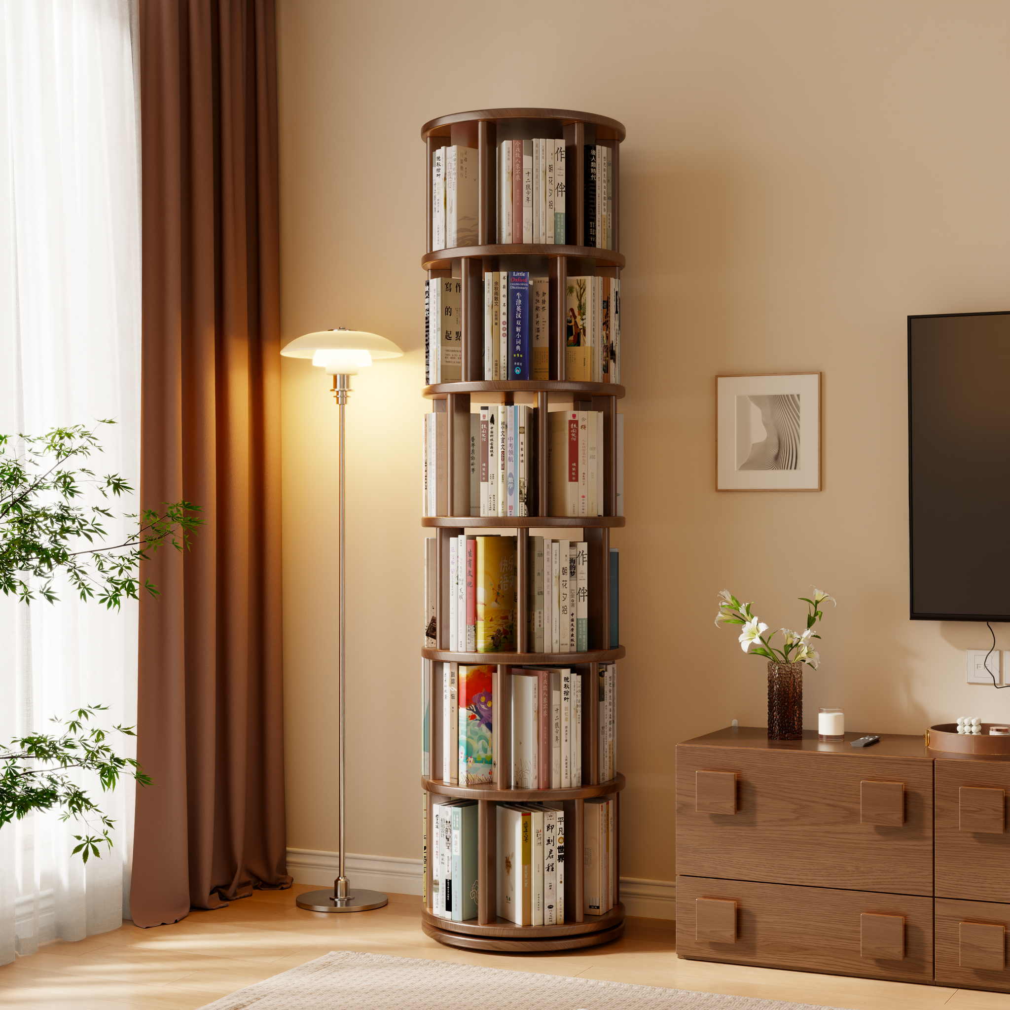 Rotating Round Bookshelf, Adjustable 1-6 Tiers – Space-Saving Storage Rack