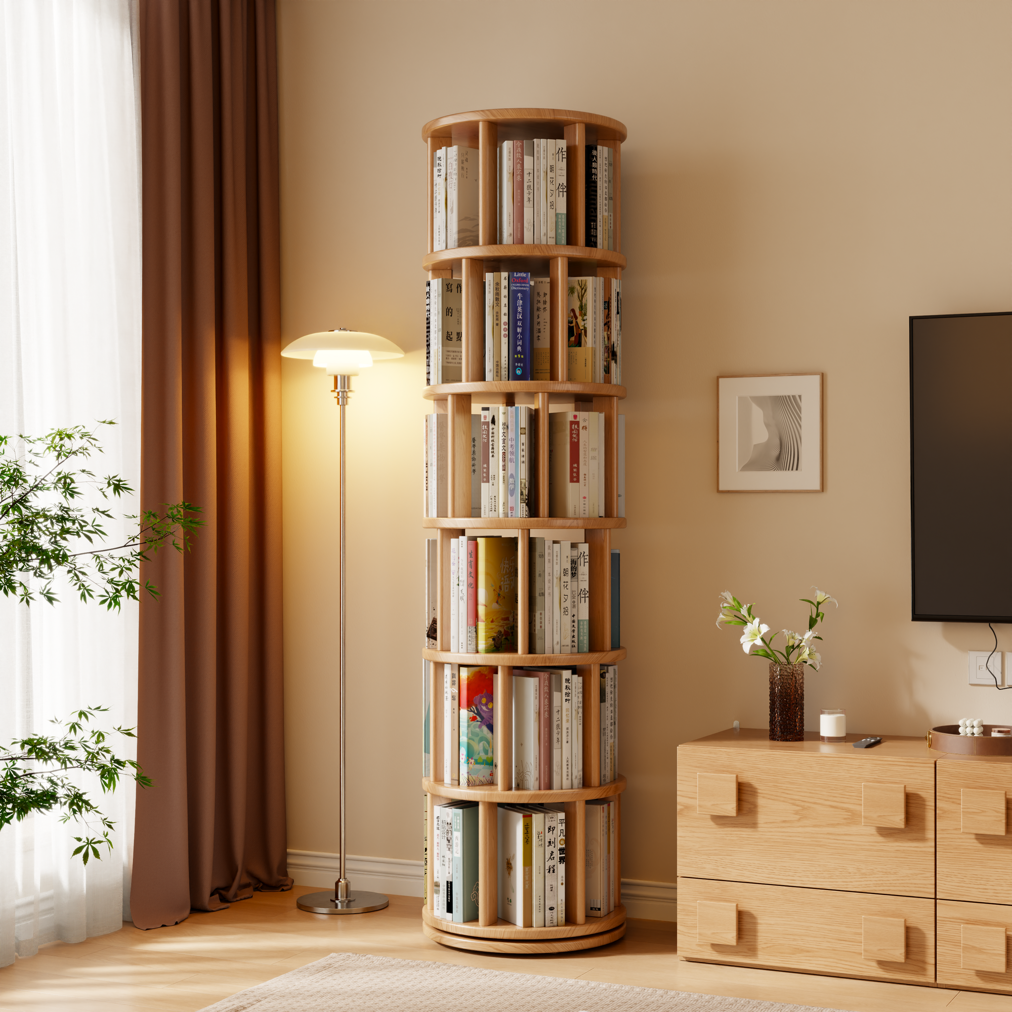 Rotating Round Bookshelf, Adjustable 1-6 Tiers – Space-Saving Storage Rack